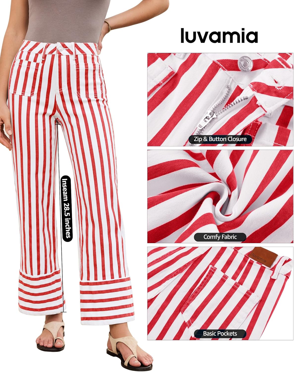 luvamia Striped Jeans for Women Wide Leg High Waisted Trendy Patch Pockets Stretchy Denim Pants Casual Trouser Jeans - Image 6