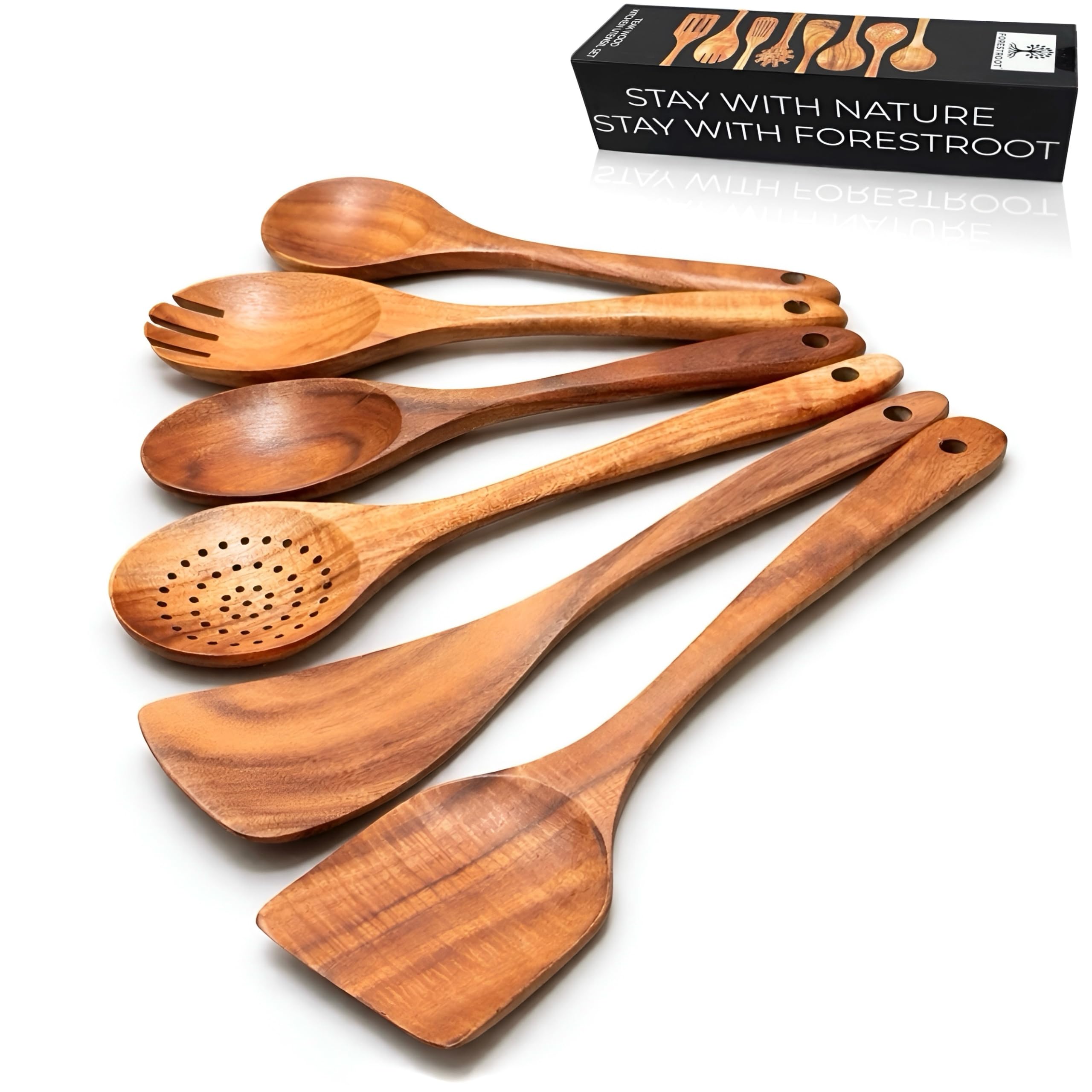 Juego de utensilios de madera de 6 piezas – Cucharas y espátulas de madera de teca premium, antiadherentes, resistentes al calor, duraderas y ecológicas para cocinar y servir