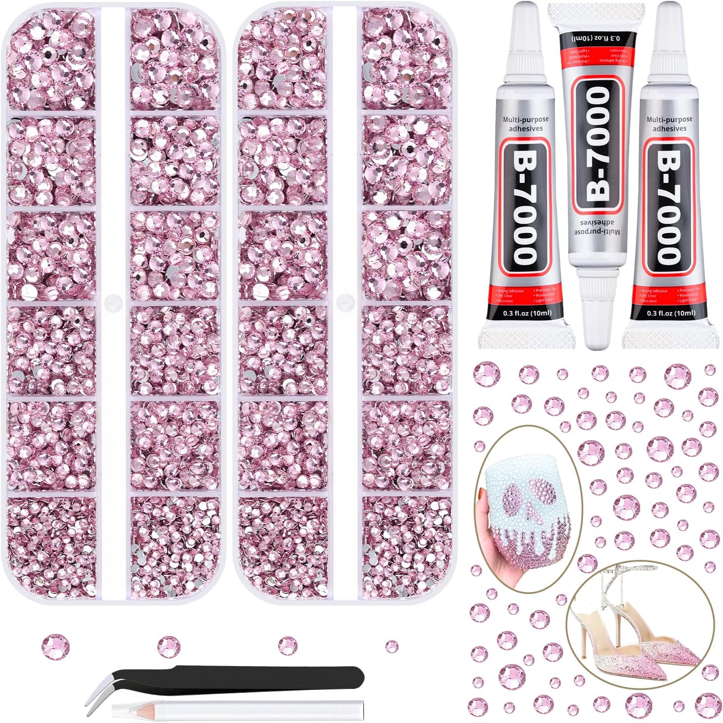 12100Pcs Resin Rhinestones for Crafting with 3Pcs 10ml B7000 Jewelry Glue, 2 Boxes Flatback Crystals Diomand (Light Pink) for Bedazzling Crafts DIY Nail Art Makeup，Non Hotfix Gems for Clothing Shoes
