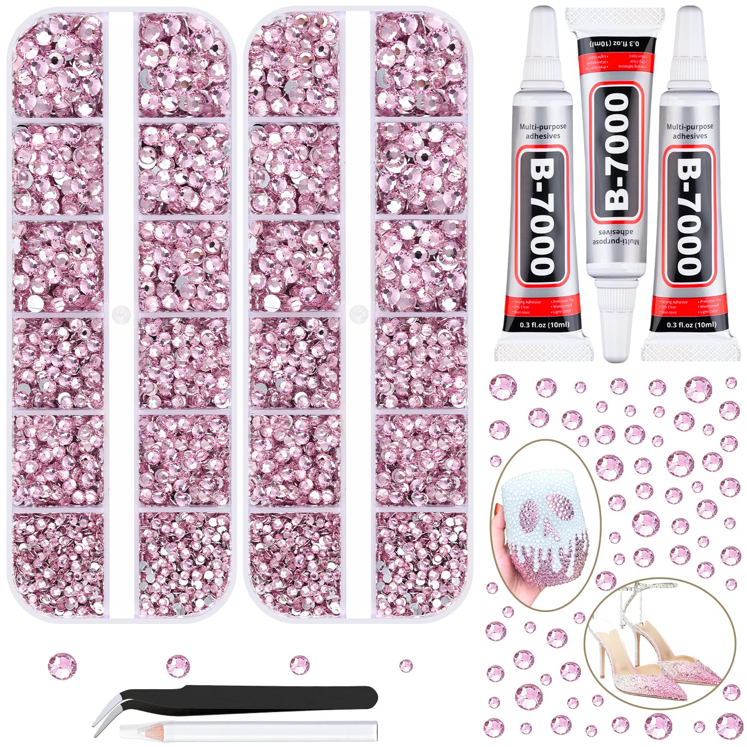 12100Pcs Resin Rhinestones for Crafting with 3Pcs 10ml B7000 Jewelry Glue, 2 Boxes Flatback Crystals Diomand (Light Pink) for Bedazzling Crafts DIY Nail Art Makeup，Non Hotfix Gems for Clothing Shoes