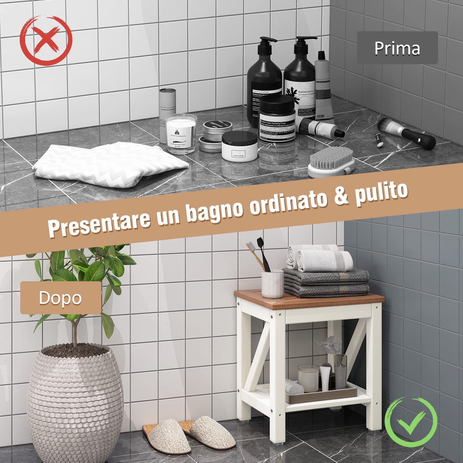 COSTWAY Sgabello da Doccia 2 Livelli Impermeabile con Piedini Antiscivoli