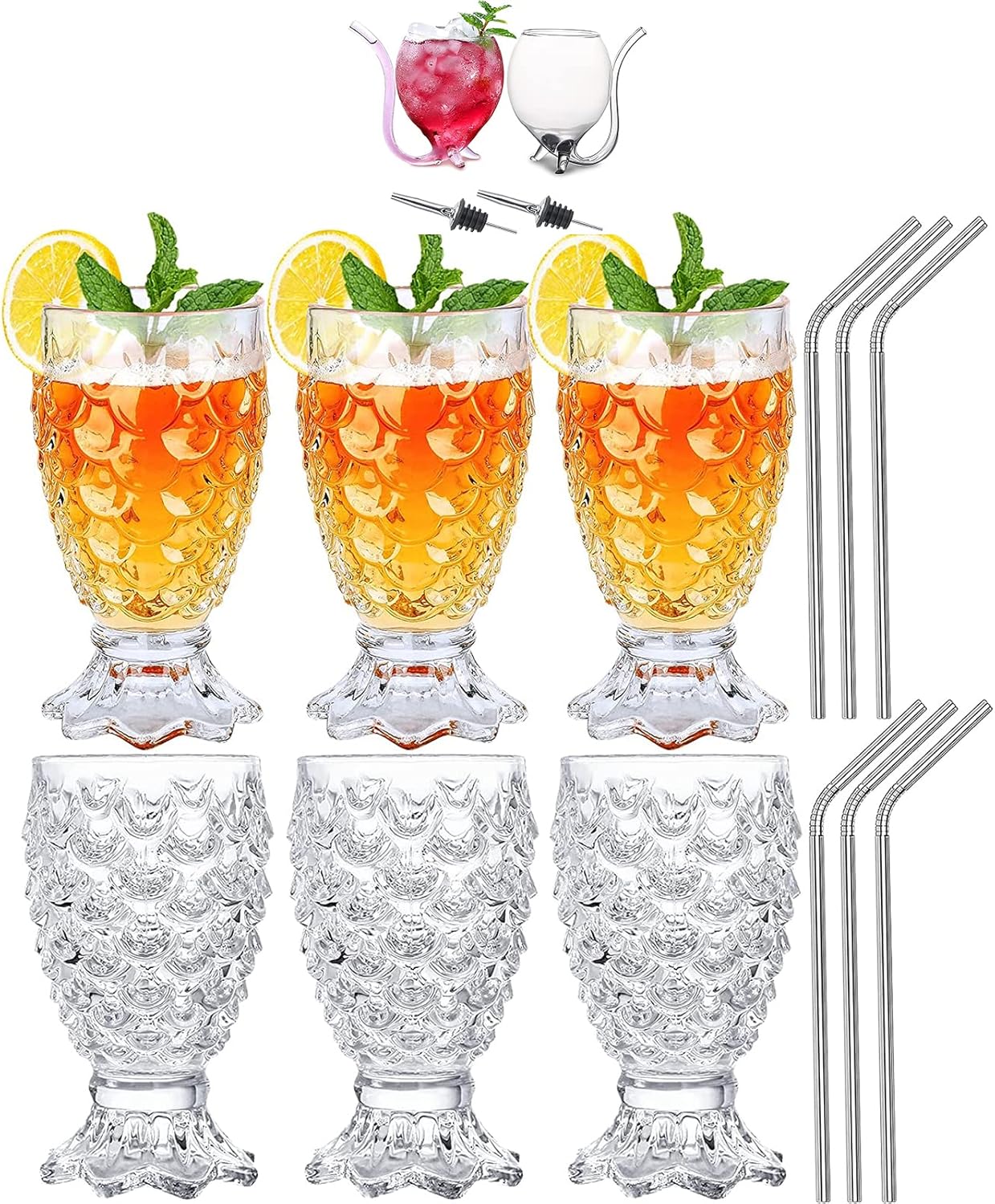 INFTYLE 7 oz Pineapple Drinking Glasses Set of 6 with Straw and Unique Wine Glass Set of 2
