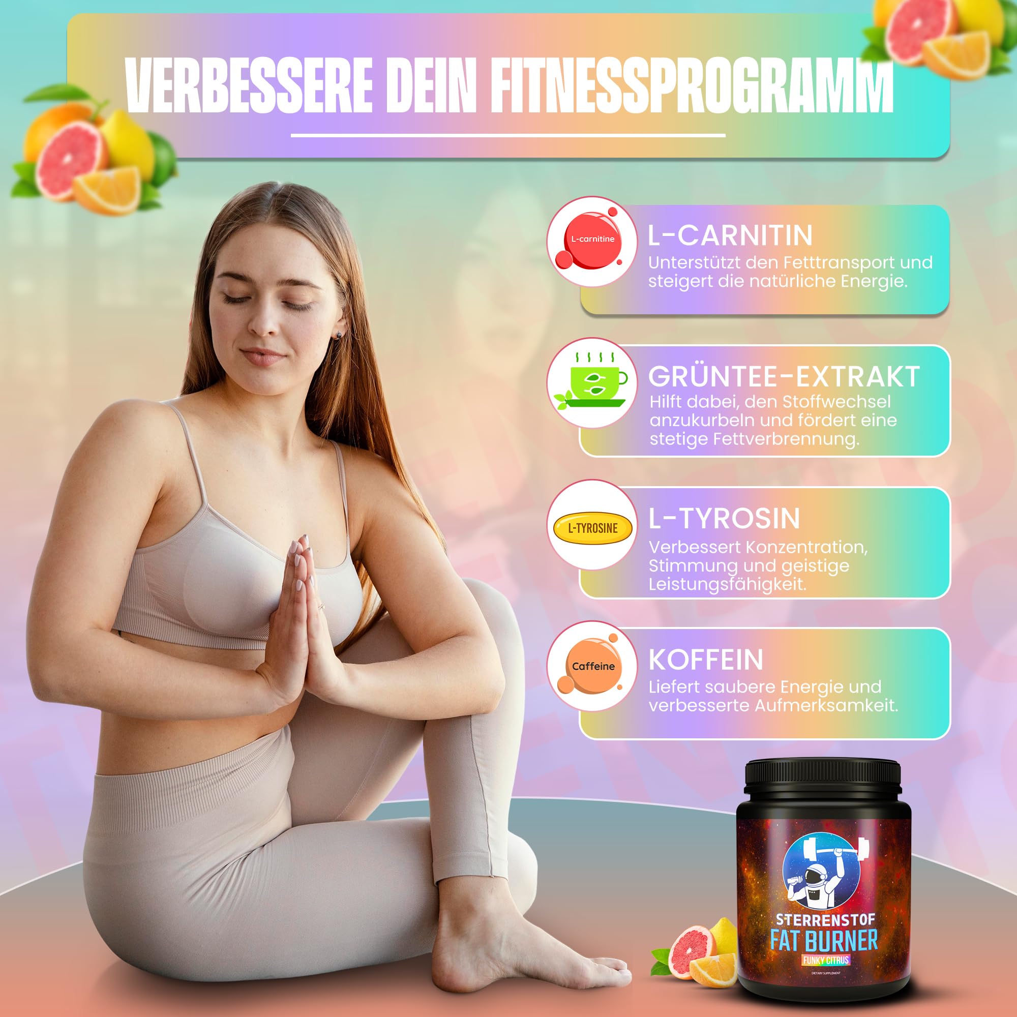 Sterrenstof Fat Burner – Funkige Zitrusfrüchte – Fettverbrenner Appetitzügler mit L-Carnitin, L-Tyrosin, L-Theanin, Grüntee-Extrakt, Koffein – Schnell abnehmen, Diät, 300g Pulver, 50 Portionen
