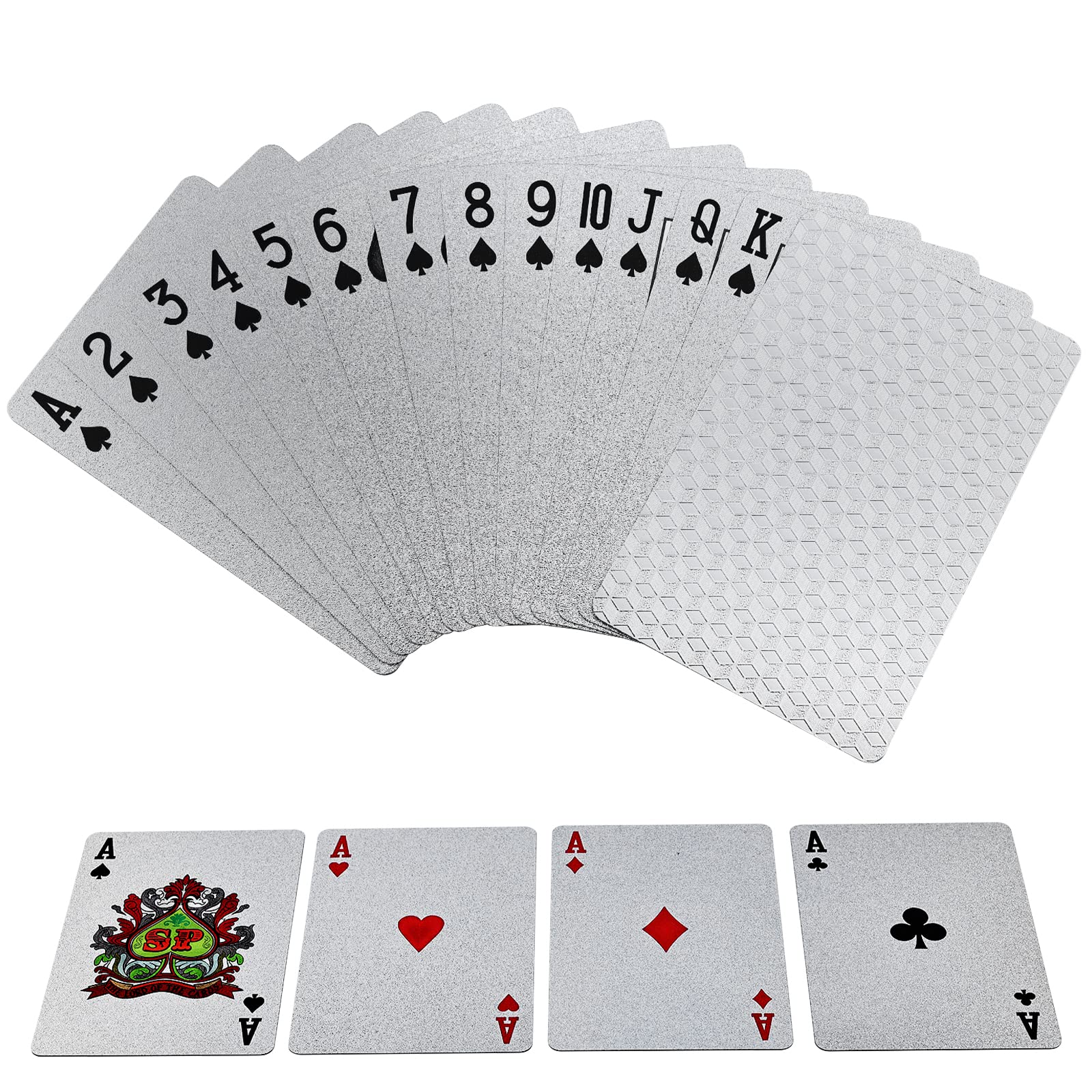Joyoldelf Playing Cards, Silver Foil Playing Cards with Cube Pattern on Back of Cards, Waterproof Playing Cards / Poker Cards with Box Great for Party, Game, Cardistry, Magic Trick