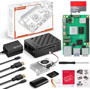 RasTech Raspberry Pi 5 8GB Set Raspberry Pi 5 8GB Main Unit with NTC Mark/ 64 GB Memory Card/ 5.1V 5A Type C Power Supply/ 2 Micro HD Out Cables/ ABS Case/ Active Cooler/ USB Card Reader/ Screwdriver