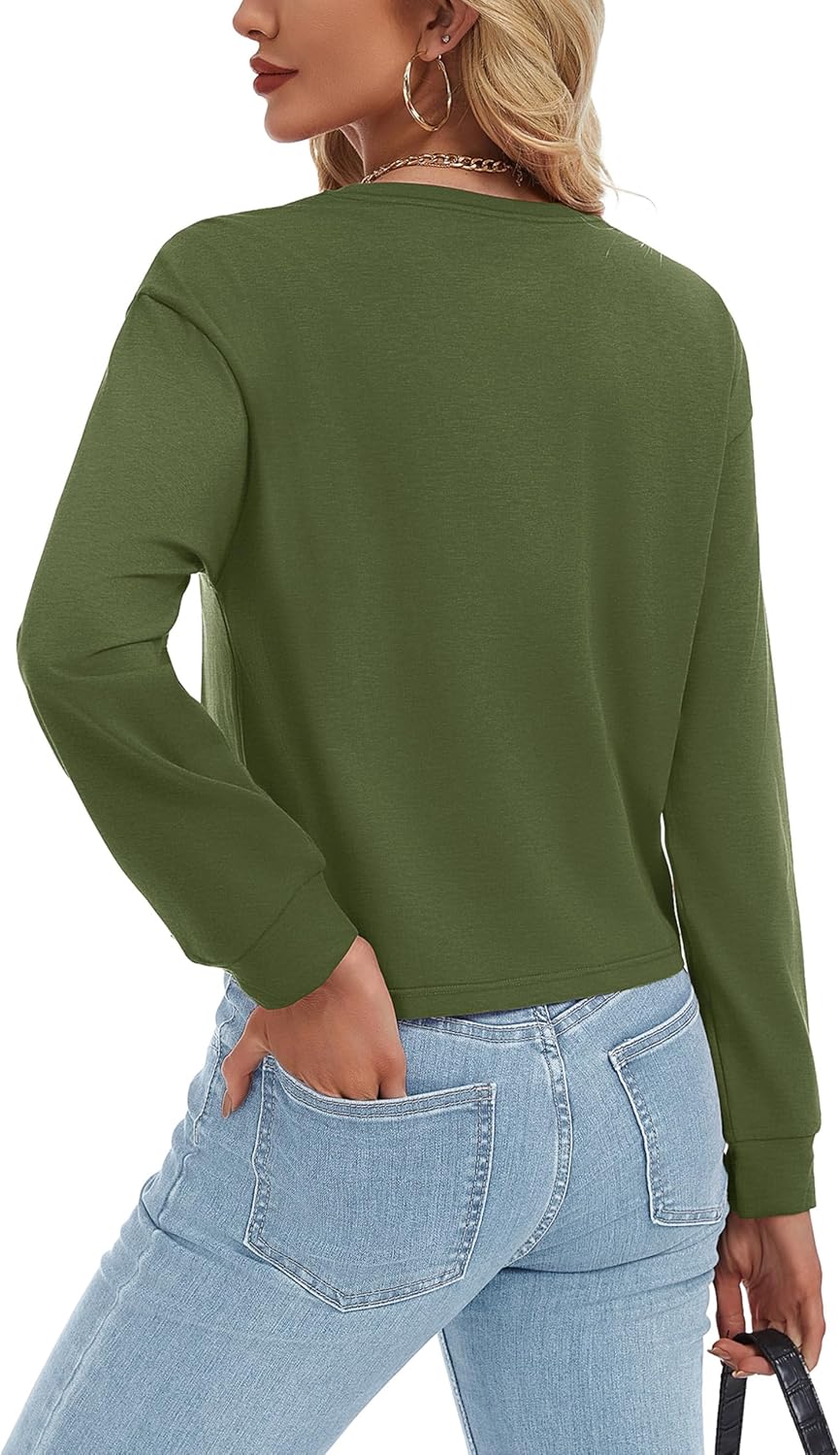 YUCOLEN Long Sleeve Crop Tops for Women Cotton V Neck T Shirts Loose Fit Cropped Basic Tees Soft Casual Fall Outfits - Image 4