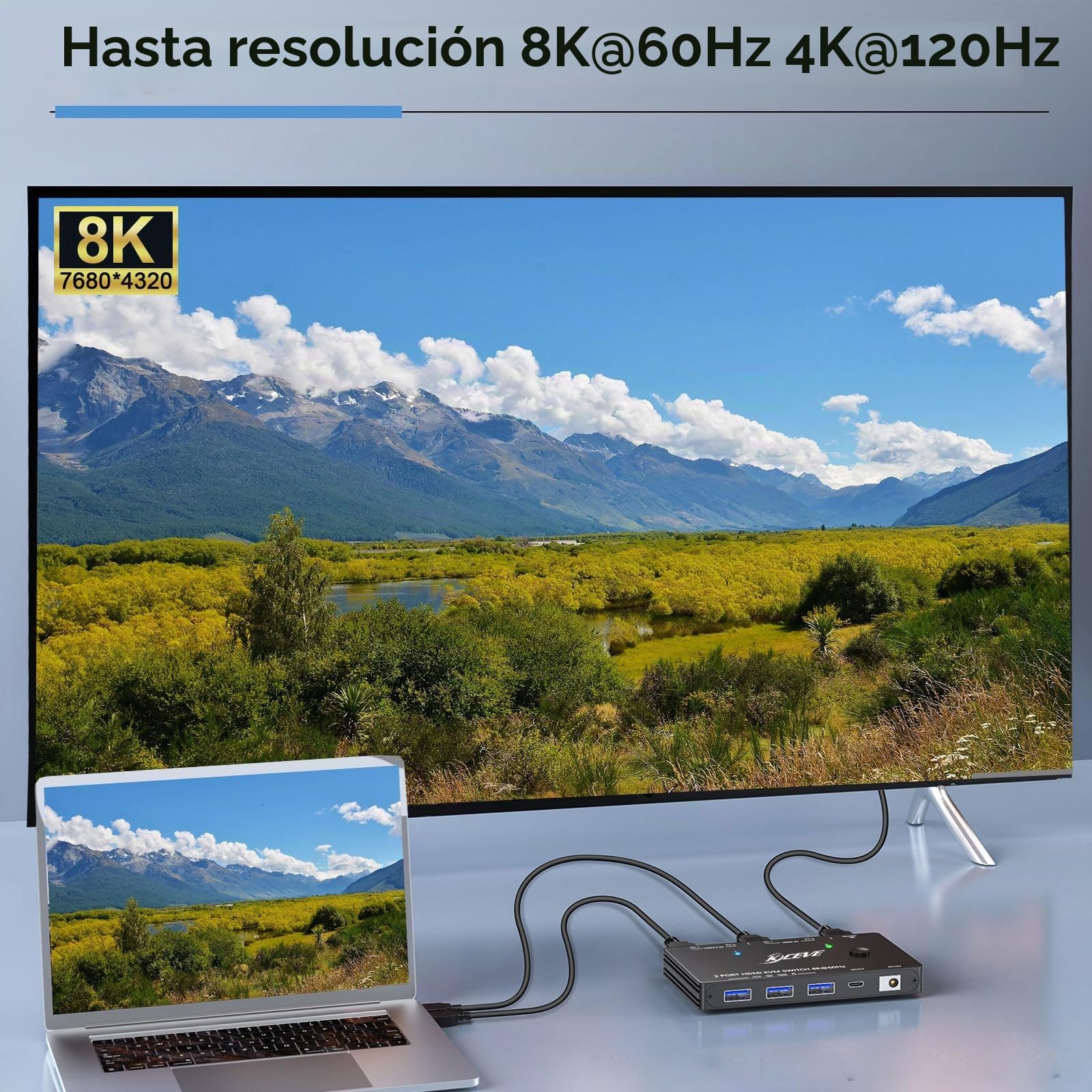 KVM Switch HDMI 8K@60Hz 4K@120Hz, KVM Switch 2 PC 1 Monitor HDMI2.1 Compartir 3 USB3.0 Devices Ratón y Teclado, HDR 10, HDCP 2.3, Wired Remote(8K HD 2 in 1 out KVM)