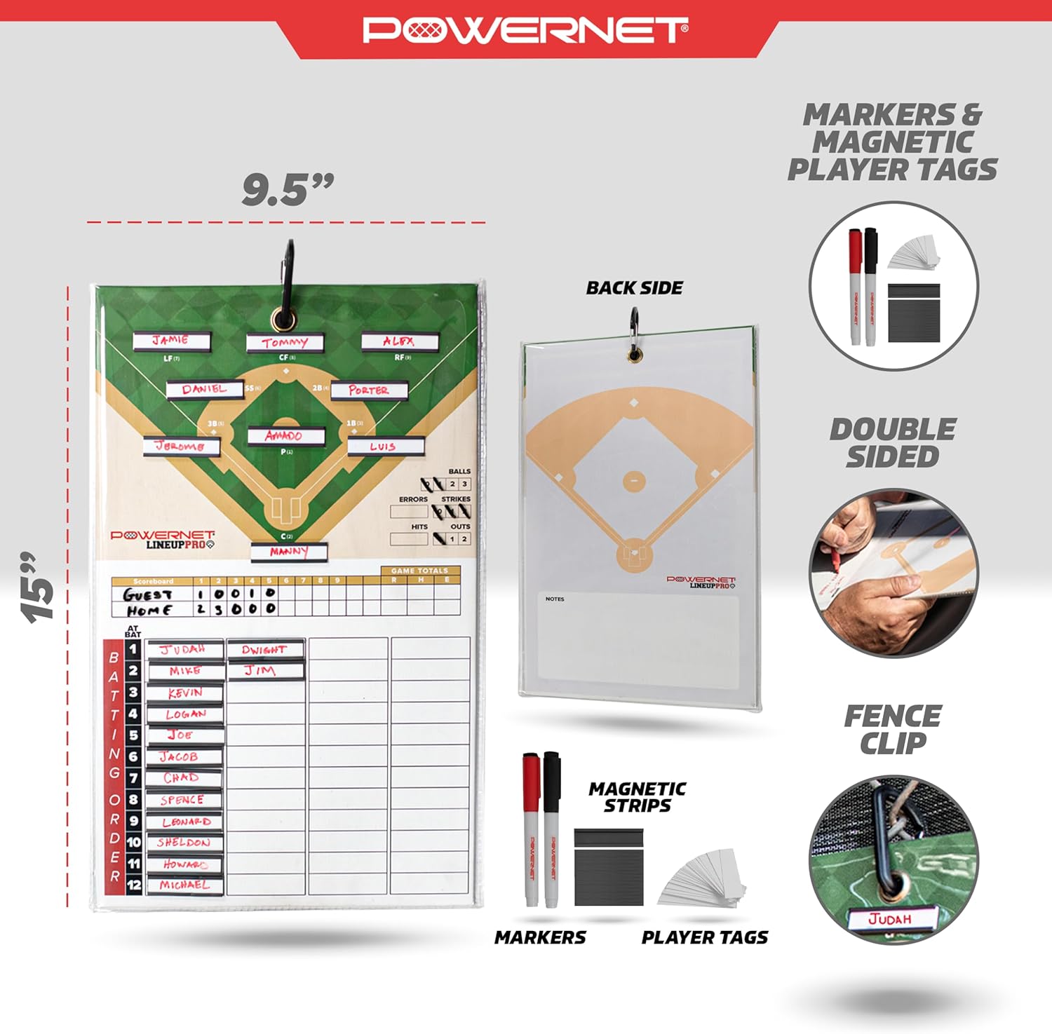 PowerNet Magnetic Softball & Baseball Lineup Board for Dugout, Waterproof Double Sided Communication Board with Fence Clip, Includes Dry Erase Markers & Player Name Tags