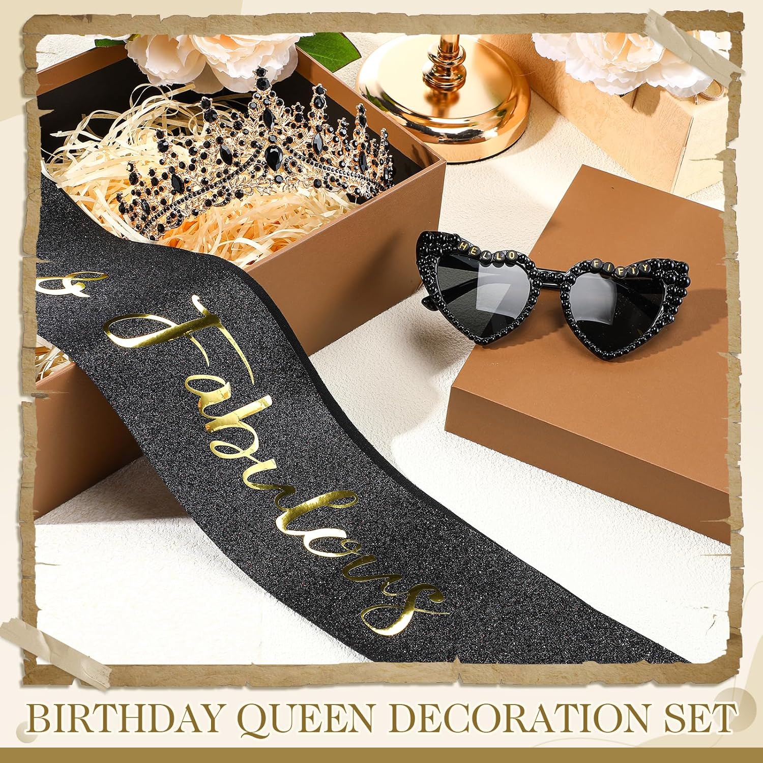 Liliaafar 3 Pcs 50th Birthday Decorations for Women, 50th Birthday Sash and Crown Tiara 50 & Fabulous Hello Fifty Sunglasses(Black Gold)