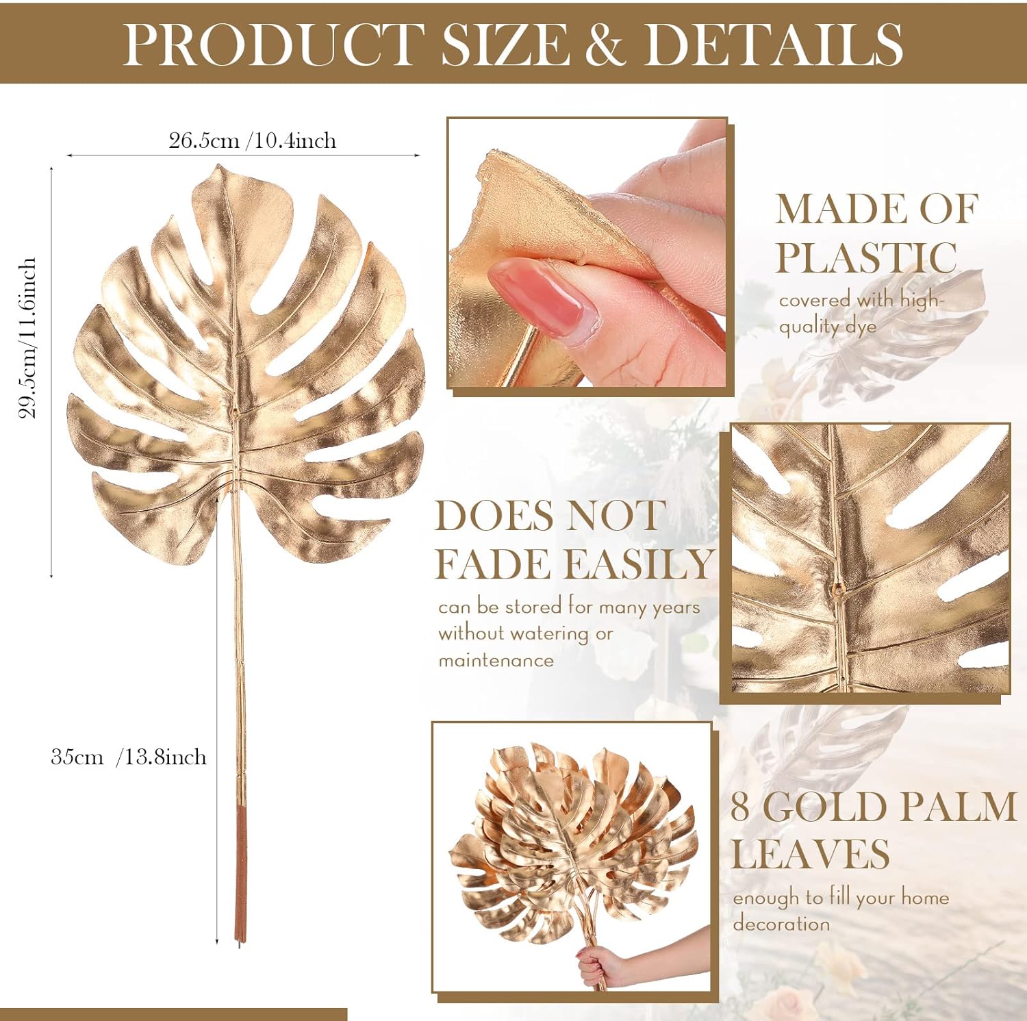 8 Pcs Artificial Gold Palm Leaves Plants 23.6 Inch Large Plastic Tropical Palm Leaves Fake Floral Boho Gold Leaf Flowers for Wedding Party Garland Home Vase Hawaiian Luau Party Decoration, Turtle Leaf