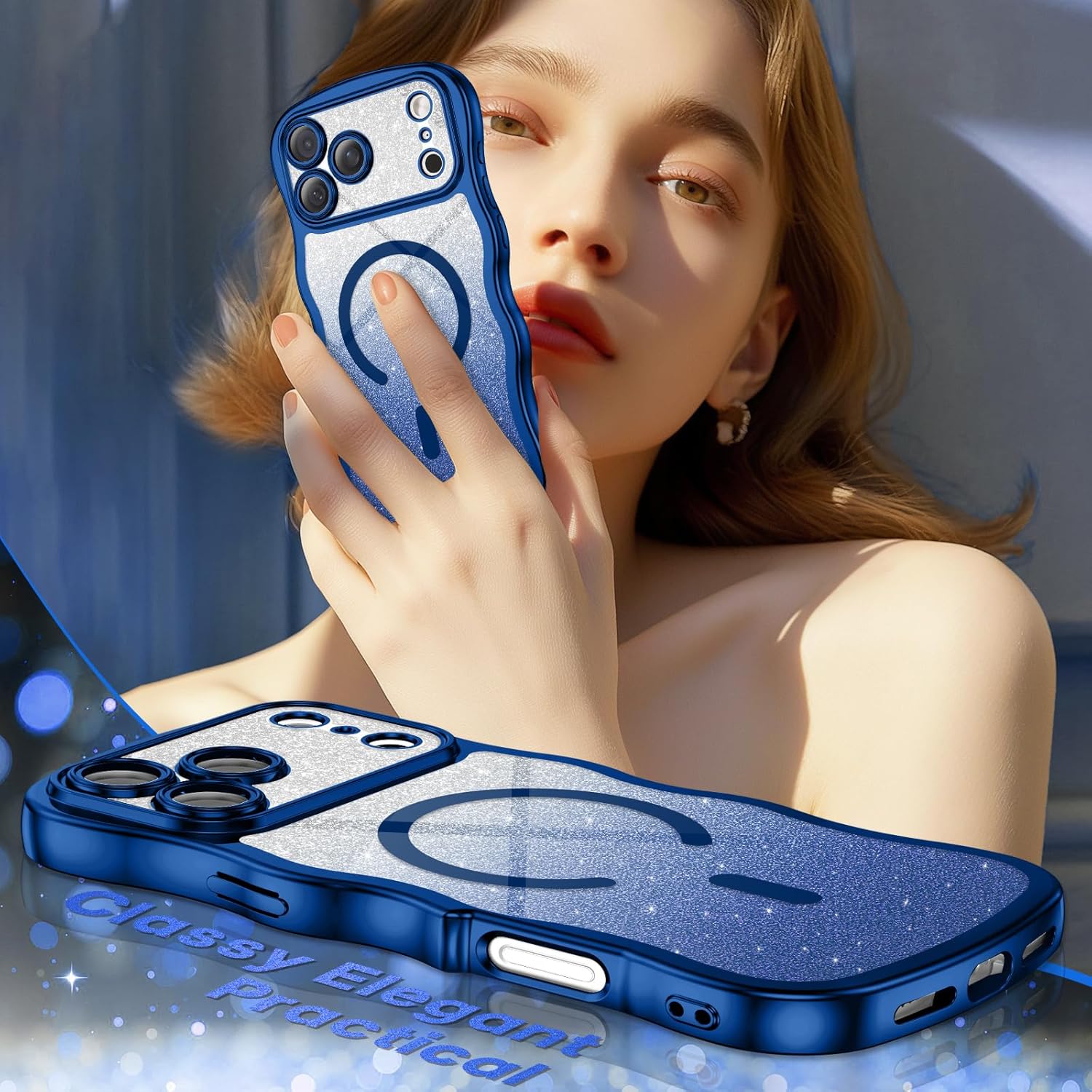 BENTOBEN for iPhone 17 Pro Max Case Clear, [Compatible with MagSafe][Full Camera Protection][Cute Wave Frame][DIY Glitter Cardstock] Electroplated Wavy Shockproof 17ProMax Phone Case 6.9", Deep Blue - Image 5