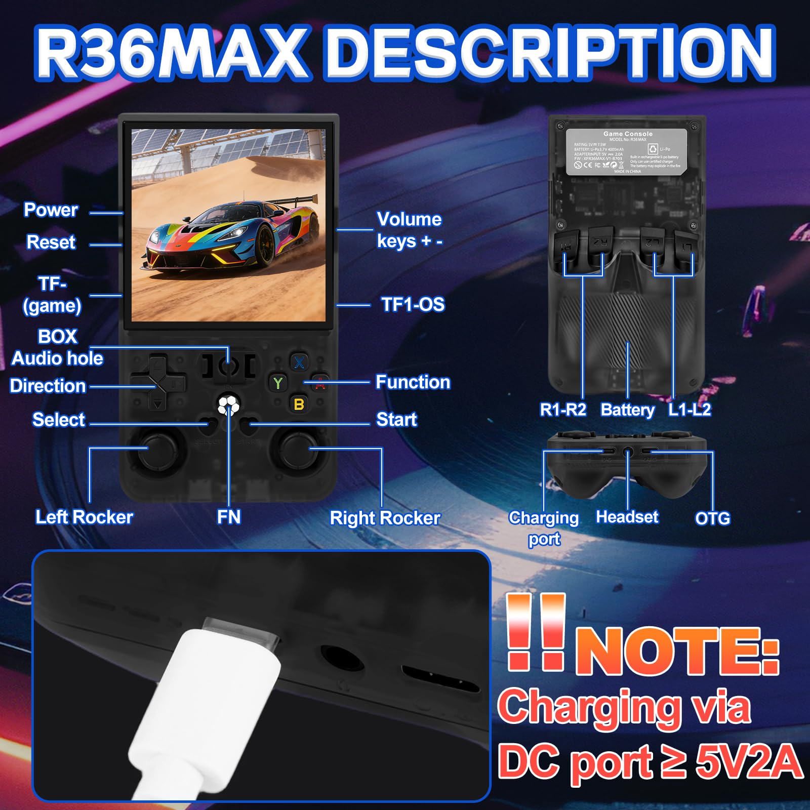 R36MAX Retro Video Game Console - Portable Console with 4.0-Inch HD Screen,128G TF Card,Support 22000+Classic Games,Open Source System,4000mAh Battery,Birthday Gift for Adults-Black — view 7
