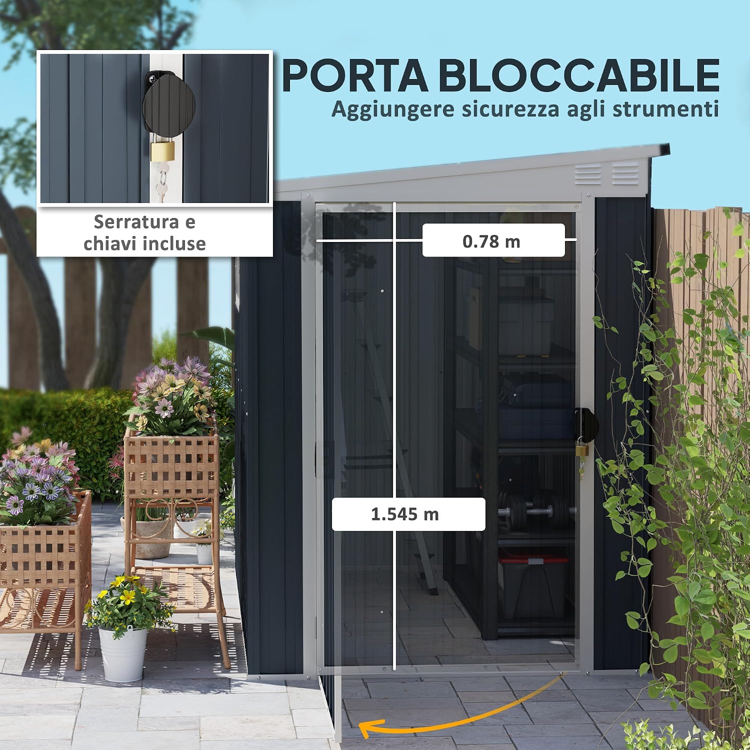 Outsunny garden shed door with lock and keys, showing door dimensions of 0.78m width and 1.545m height.