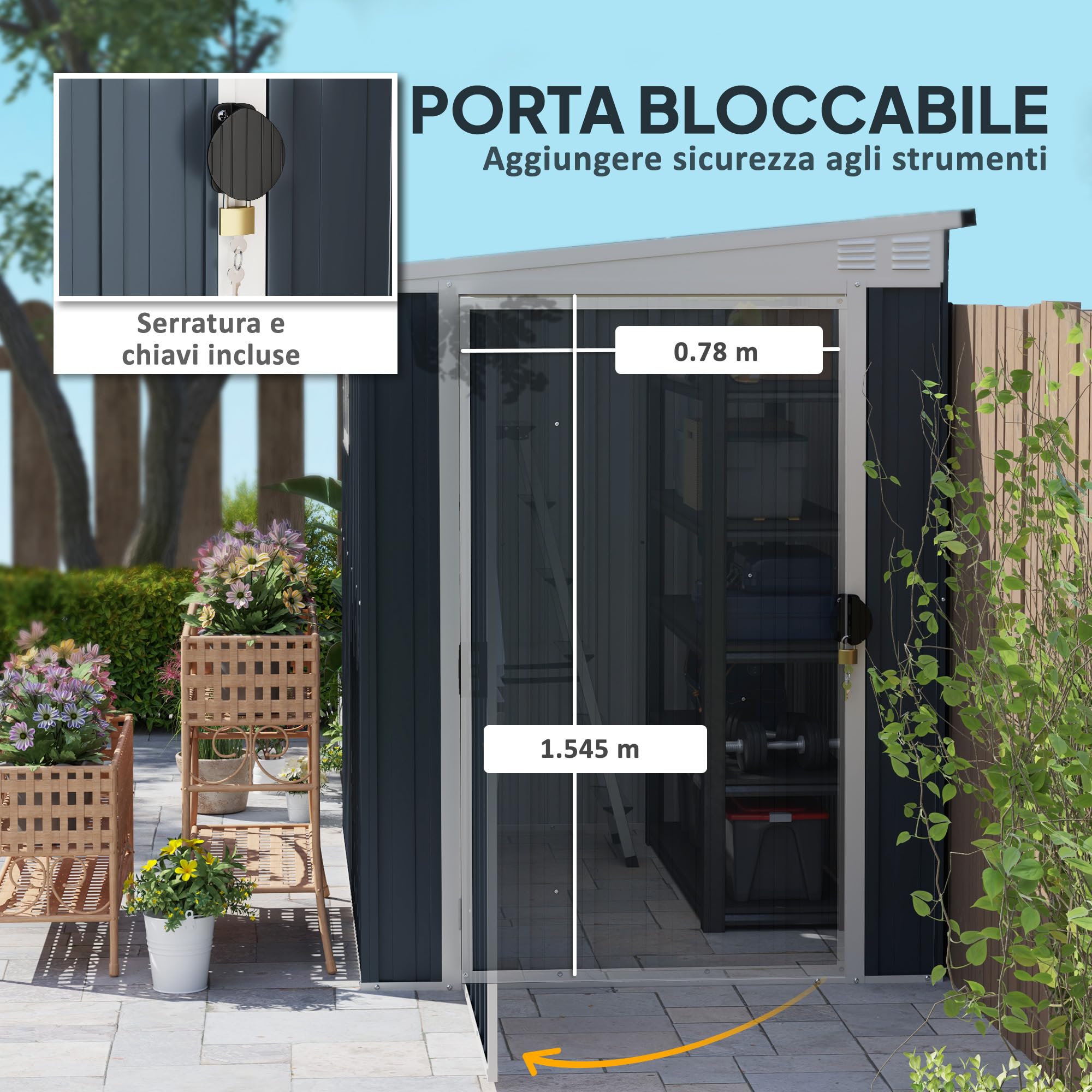 Outsunny Casetta da Giardino 2.6m² in Acciaio Zincato con 2 Prese d'Aria e Finestra Trasparenti, Capanno Porta Attrezzi con Tetto Inclinato, Porta Bloccabile, Impermeabile e Anti UV, Grigio Scuro