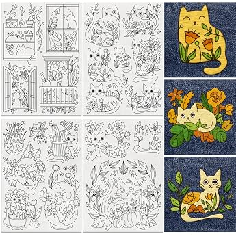 Pack of 20 Embroidery Patterns Stabiliser with Cat Playing in Flowers 21 x 29.7 cm Cartoon Kitten Water Soluble Stick Stitch Embroidery Paper for Hand Sewing DIY