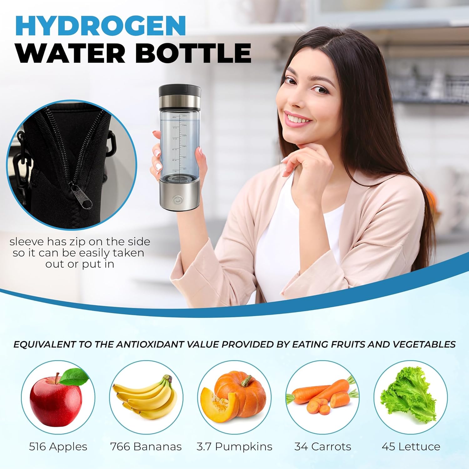HydroZen Advanced Hydrogen Water Bottle - TDS Meter, USB-C Charging, Wall Plug, Protective Sleeve, FL/ML Markings, High-Efficiency Hydrogen Generation
