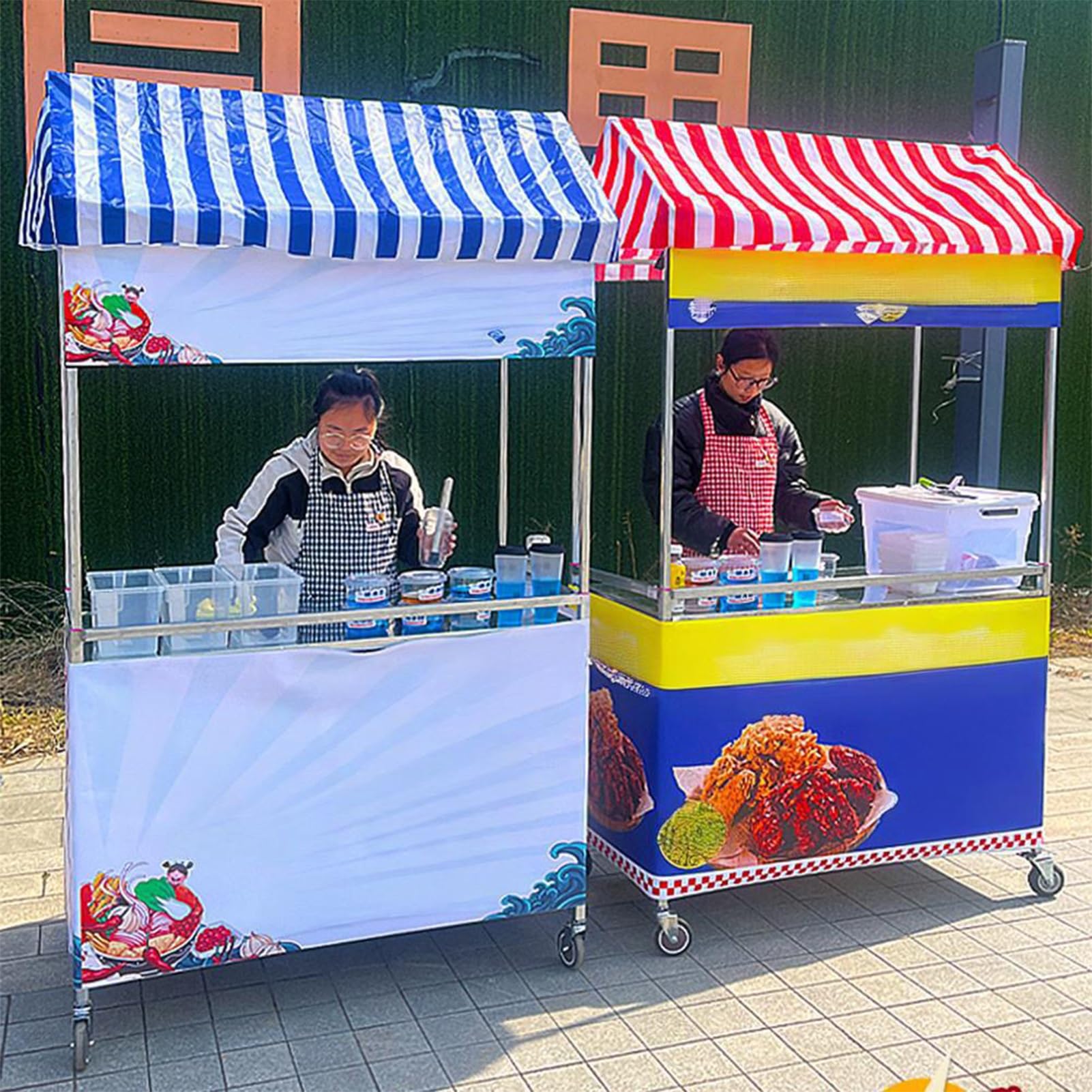Carrito portátil para exteriores para comida callejera, eventos, mercados y festivales, puesto de comida móvil ligero y fácil de instalar