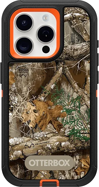 OtterBox iPhone 15 Pro (Only) Defender Series Case - Realtree Edge (Blaze Orange/Black/RT Edge), Rugged & Durable, with Port Protection, Includes Holster Clip Kickstand