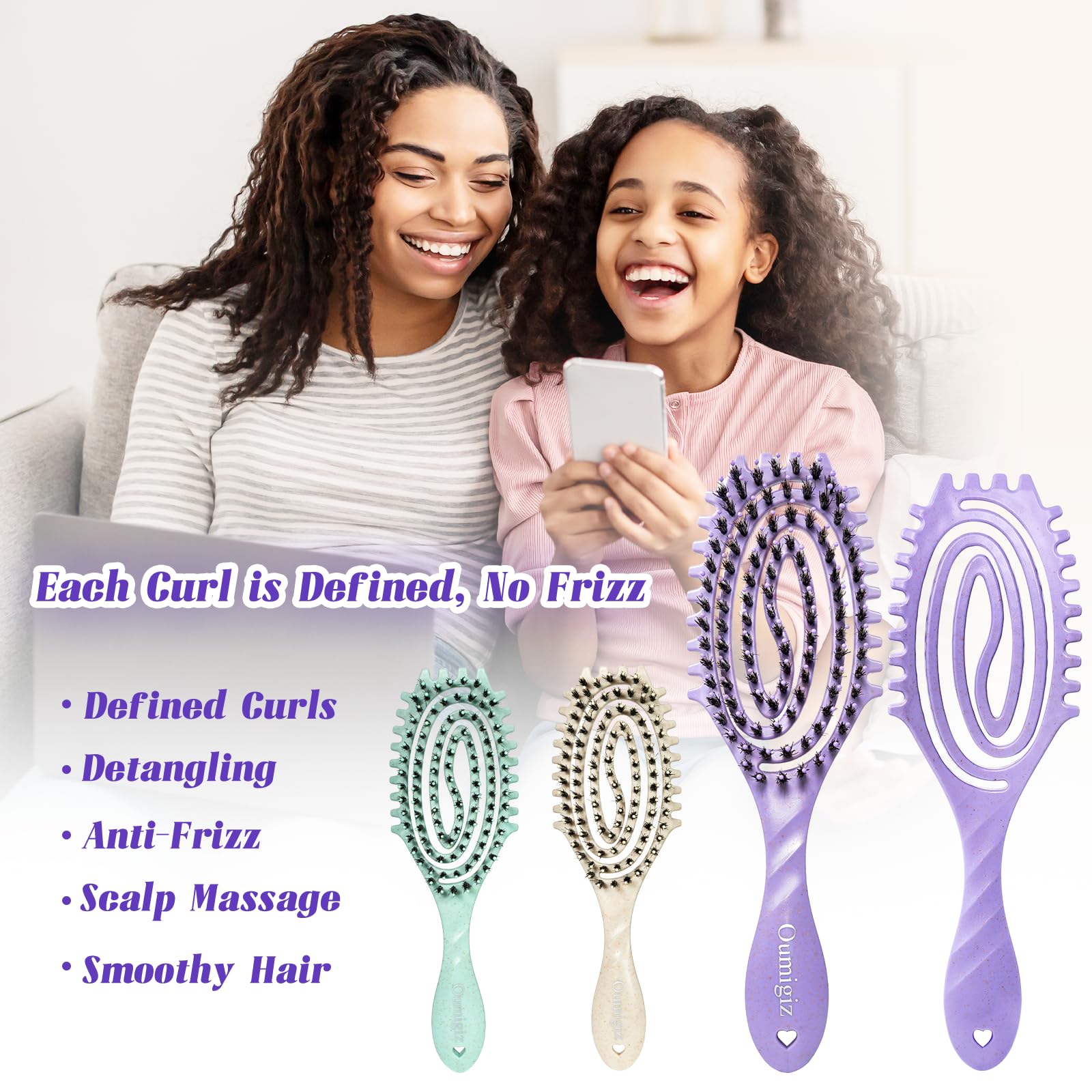 Cepillo definidor de rizos, cepillo de cerdas de jabalí para desenredar el cabello para mujeres y niñas, cabello grueso, rizado, ondulado, uso en seco y húmedo, secado rápido, cepillo de peinado