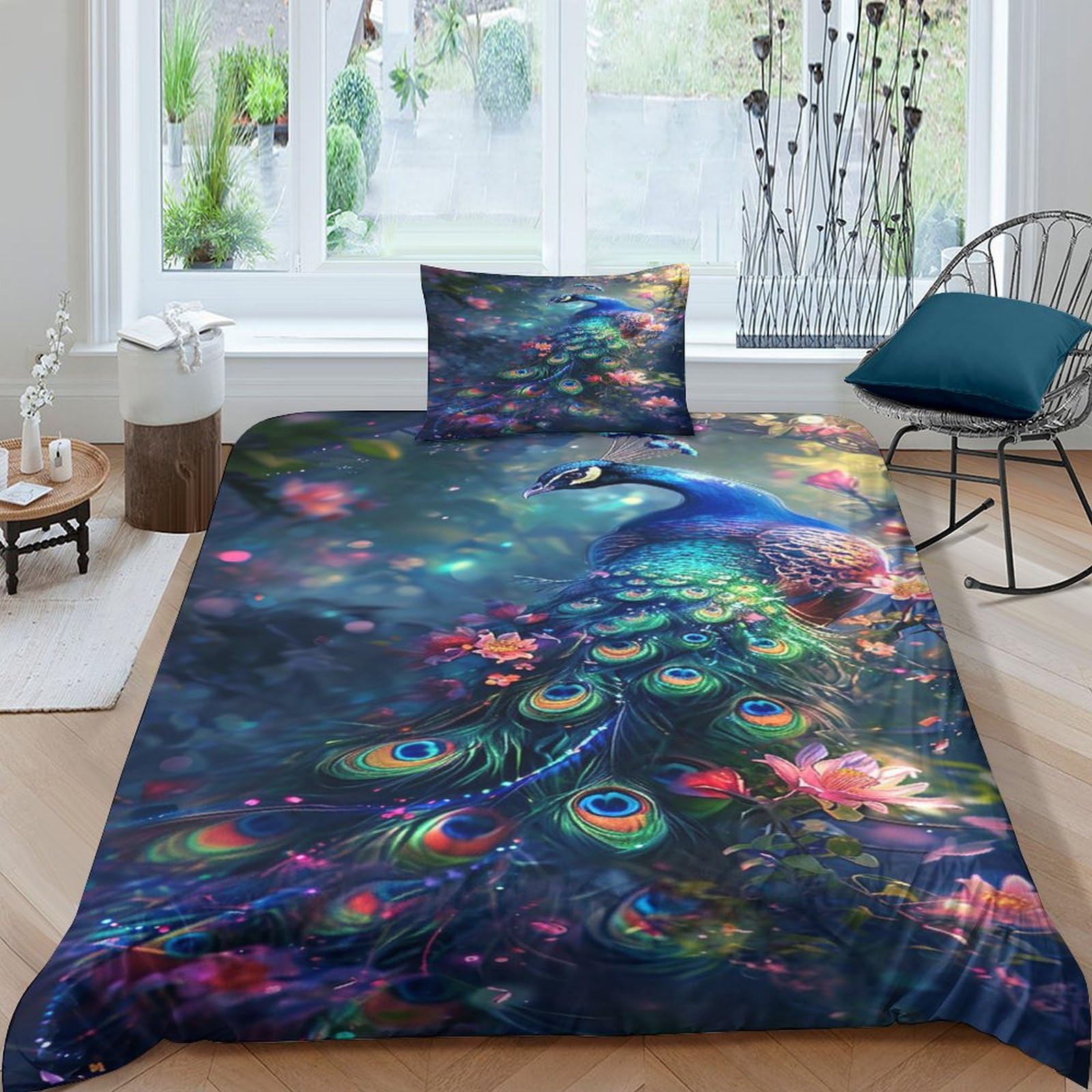 NRAOPEVVD Peacock Duvet Cover Set 3 PCS Hotel Quality Quilt Cover Bedding Sets Bed Covers with Pillowcases with Zipper Closure Hypoallergenic Soft Breathable Microfiber Single（135x200cm）