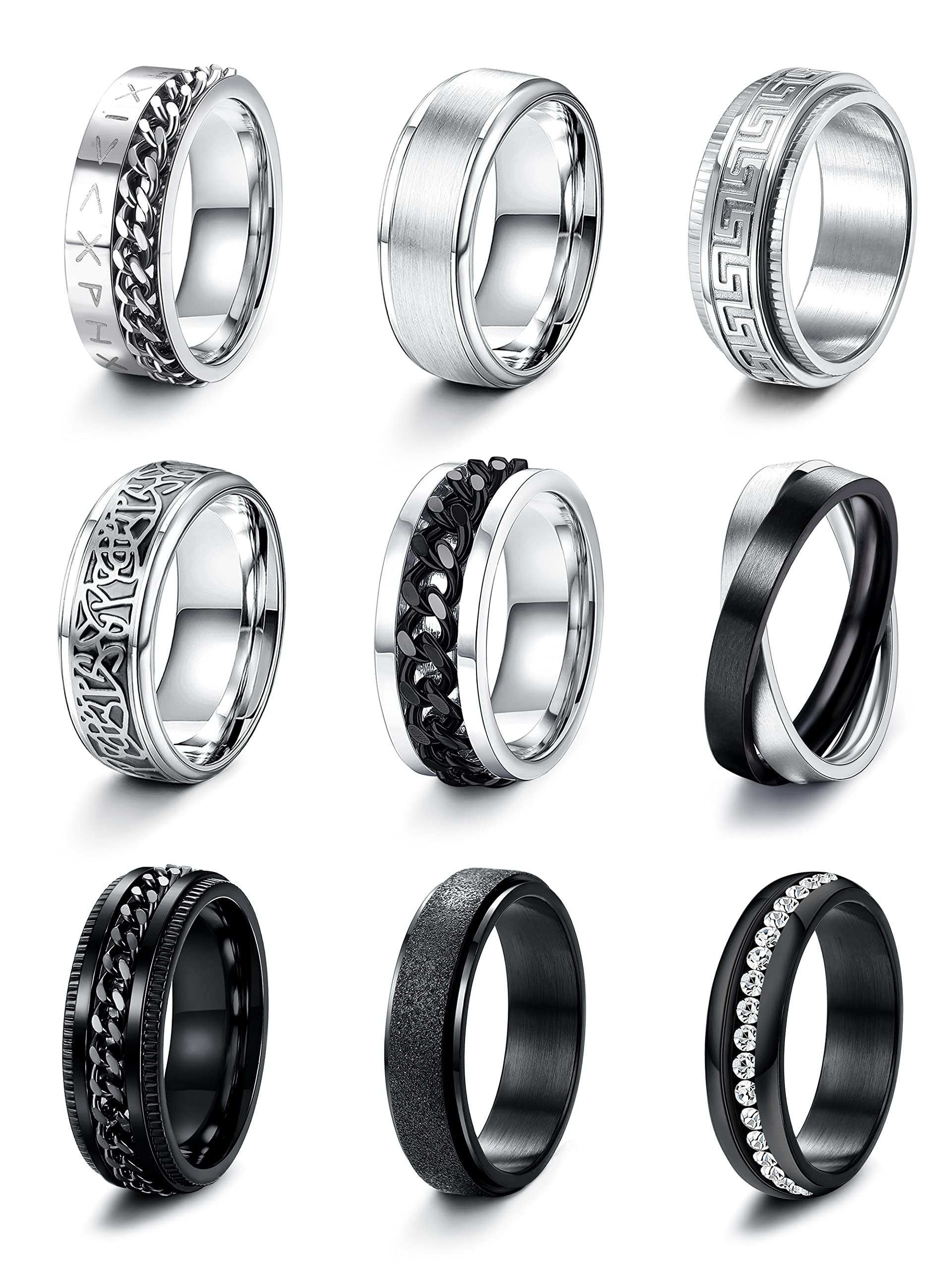 CASSIECA 9Pcs Anillos Hombre Plata Negro Acero Inoxidable Banda Abrebotellas Anillos Alianzas Boda Anillo Compromiso Vintage Fidget Anillo para Hombre Mujere Cumpleaños Regalos Navidad Talla 12-30