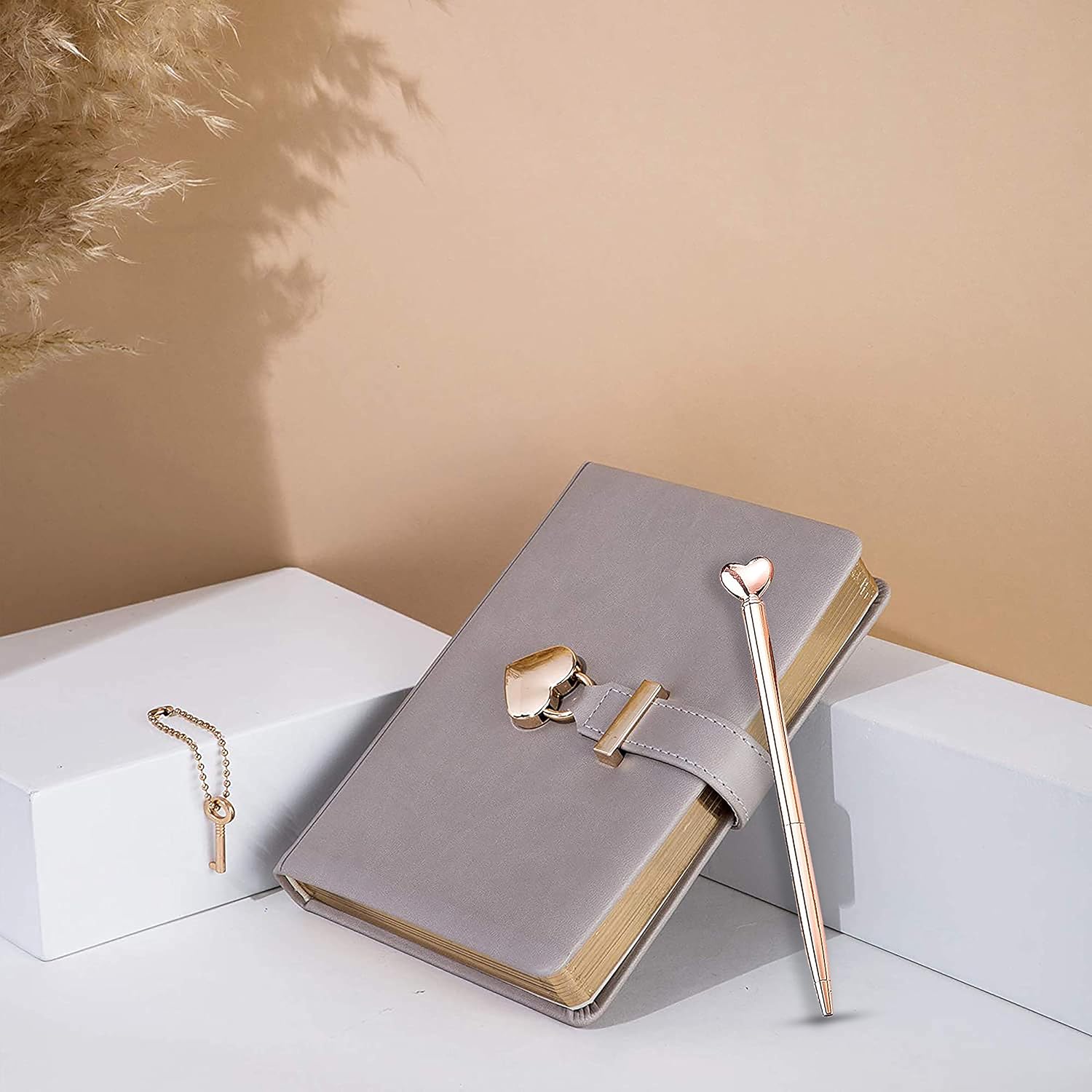Heart Shaped Lock Diary with Key PU Leather Cover Journal Personal Organizers Secret Notebook for Girls & Women B6 Size 5.3x7inch Diary with Rose Gold Metal Ballpoint Pen (Grey)
