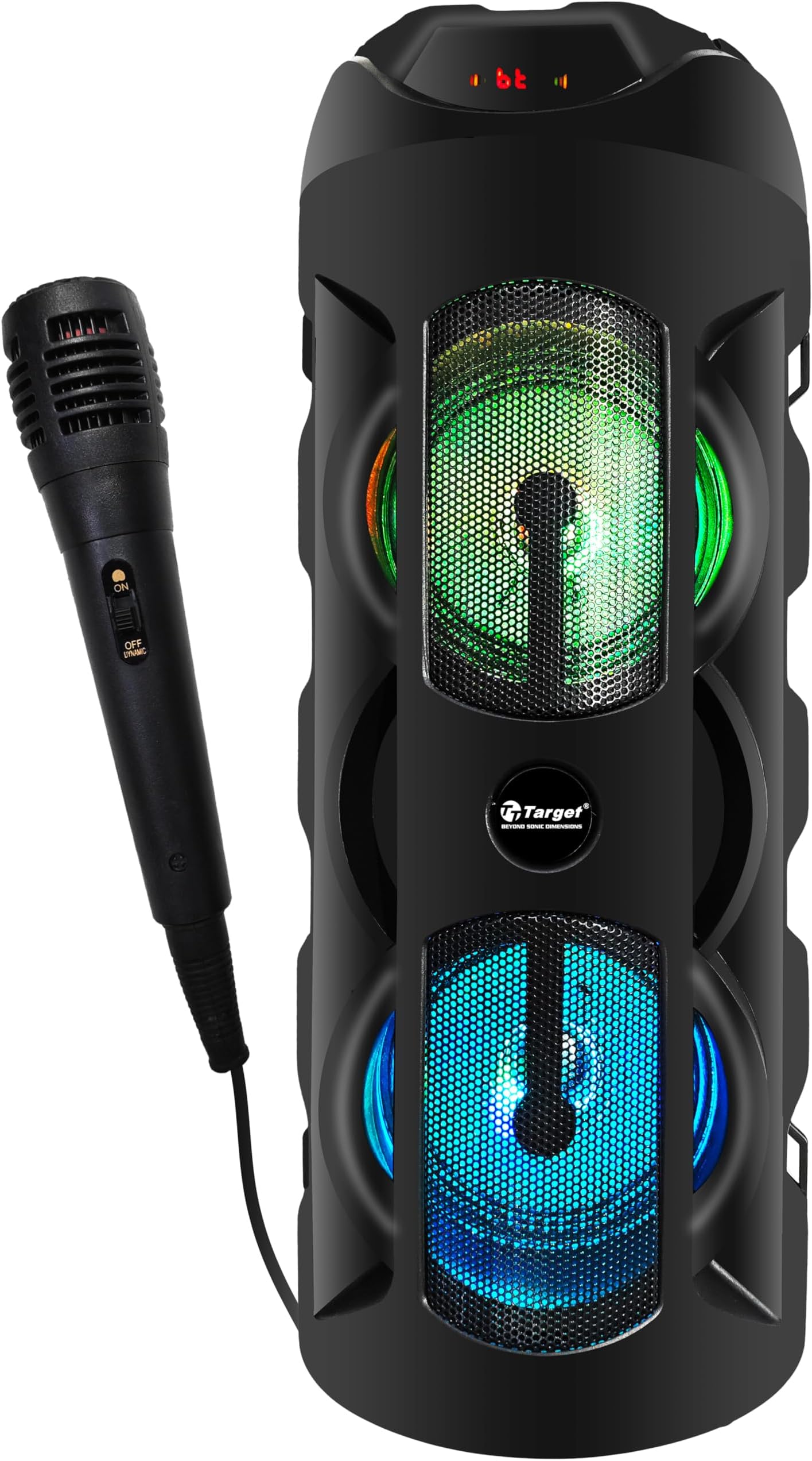 - TT-BSM-442 Dual-4inch Drivers Portable Rechargeable Bluetooth Speaker with RGB Light, Wired Karaoke Mic, TF Card, USB, AUX, C Type Charging Port, 50W, Black