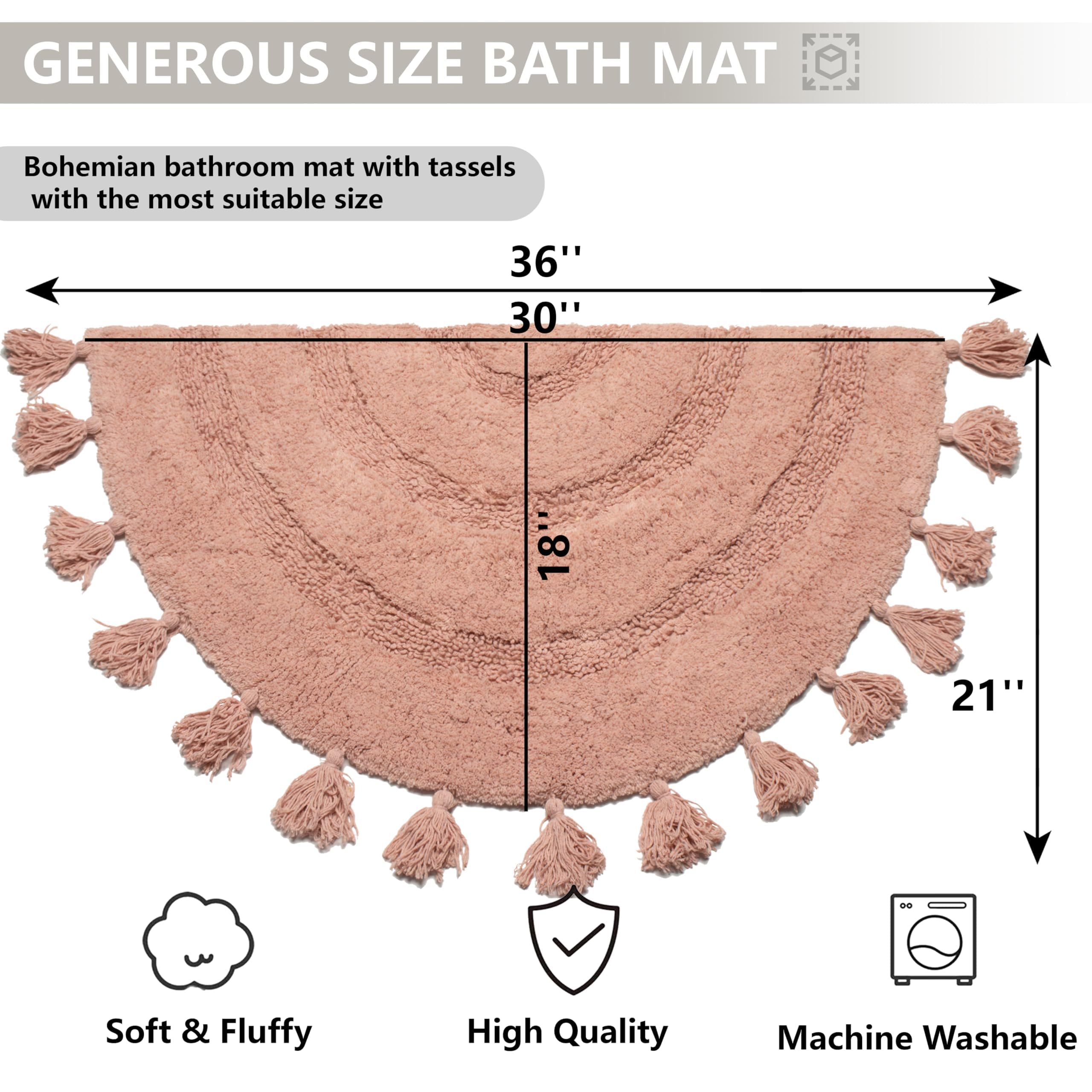 KOEXM Alfombra bohemia de medio círculo con borlas para dormitorio, hermosa alfombra de baño hecha a mano de ganchillo suave de algodón rosa rubor, antideslizante, absorbente, lavable, bonita alfombra