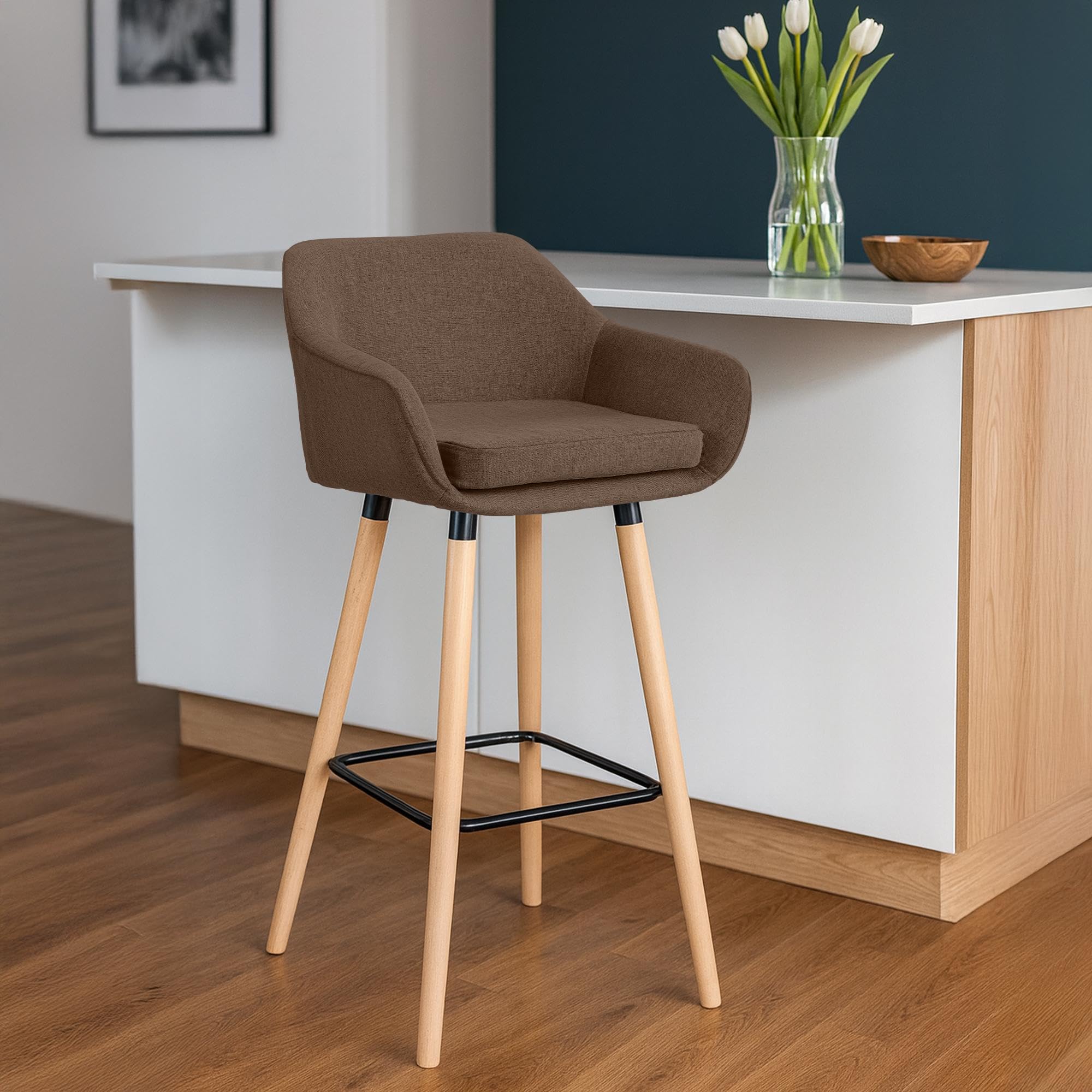CLP Taburete de Barra Acolchado con Respaldo Grant, Silla de Bar con Revestimiento de Tela, Estructura de Madera hasta 150 kg Color marrón