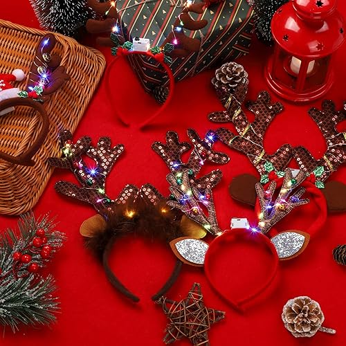 Miniatura 5 de Fovths Paquete de 6 diademas LED de Navidad con cuernos de reno, accesorios de disfraz de Navidad para fiestas de Navidad, decoraciones de vacaciones
