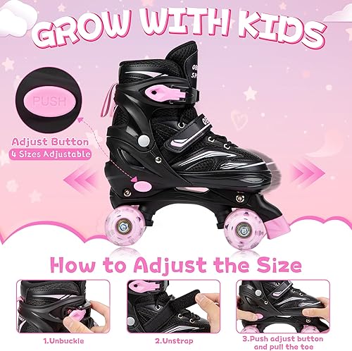 Miniatura 2 de Patines para niños de 3 a 12 años, 4 tamaños ajustables para niños con 8 ruedas iluminadas, patines para niñas Rosa (Sakura