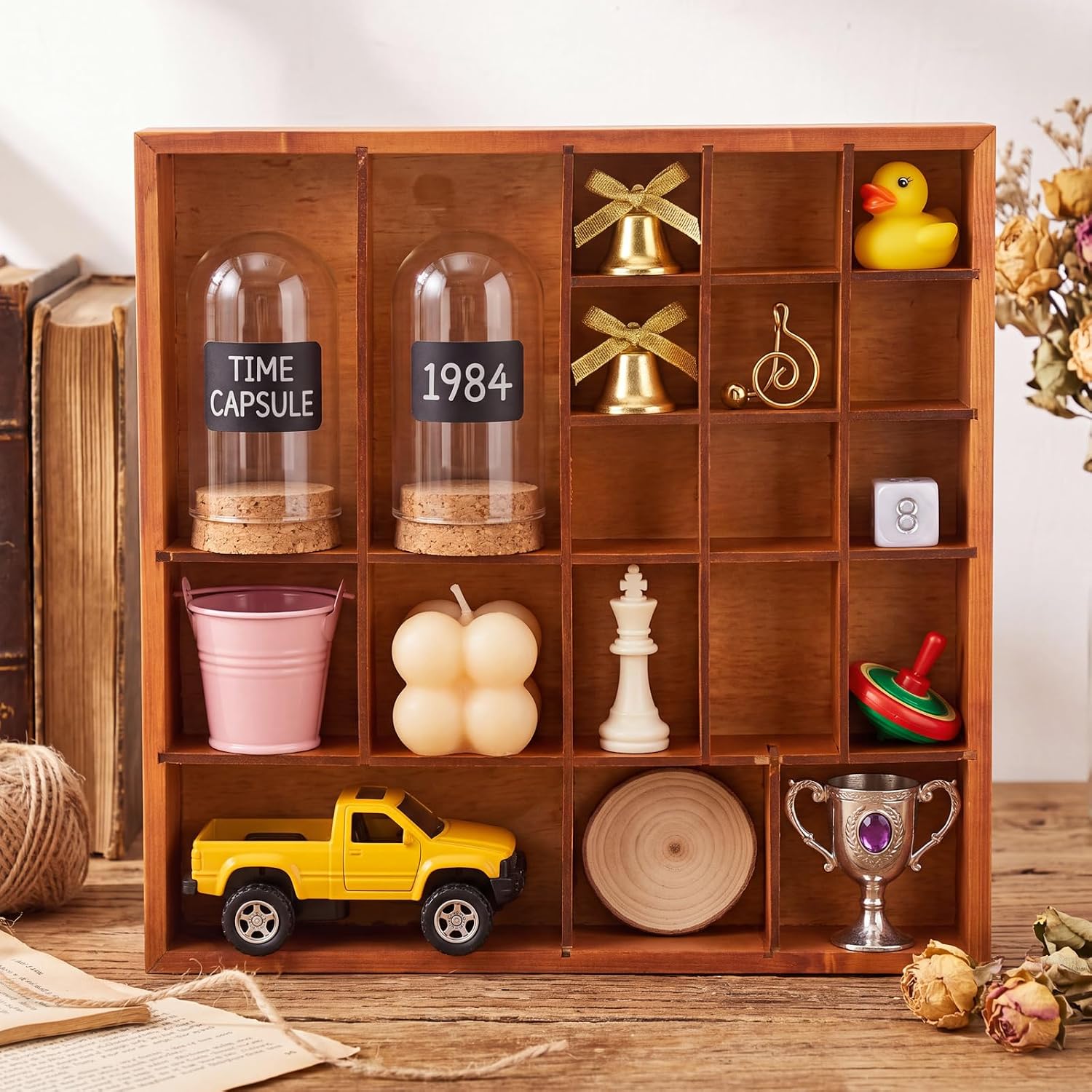 RattanView Wooden Trinket Shelf Shadow Box Display, 13 Inch, 26 Compartment
