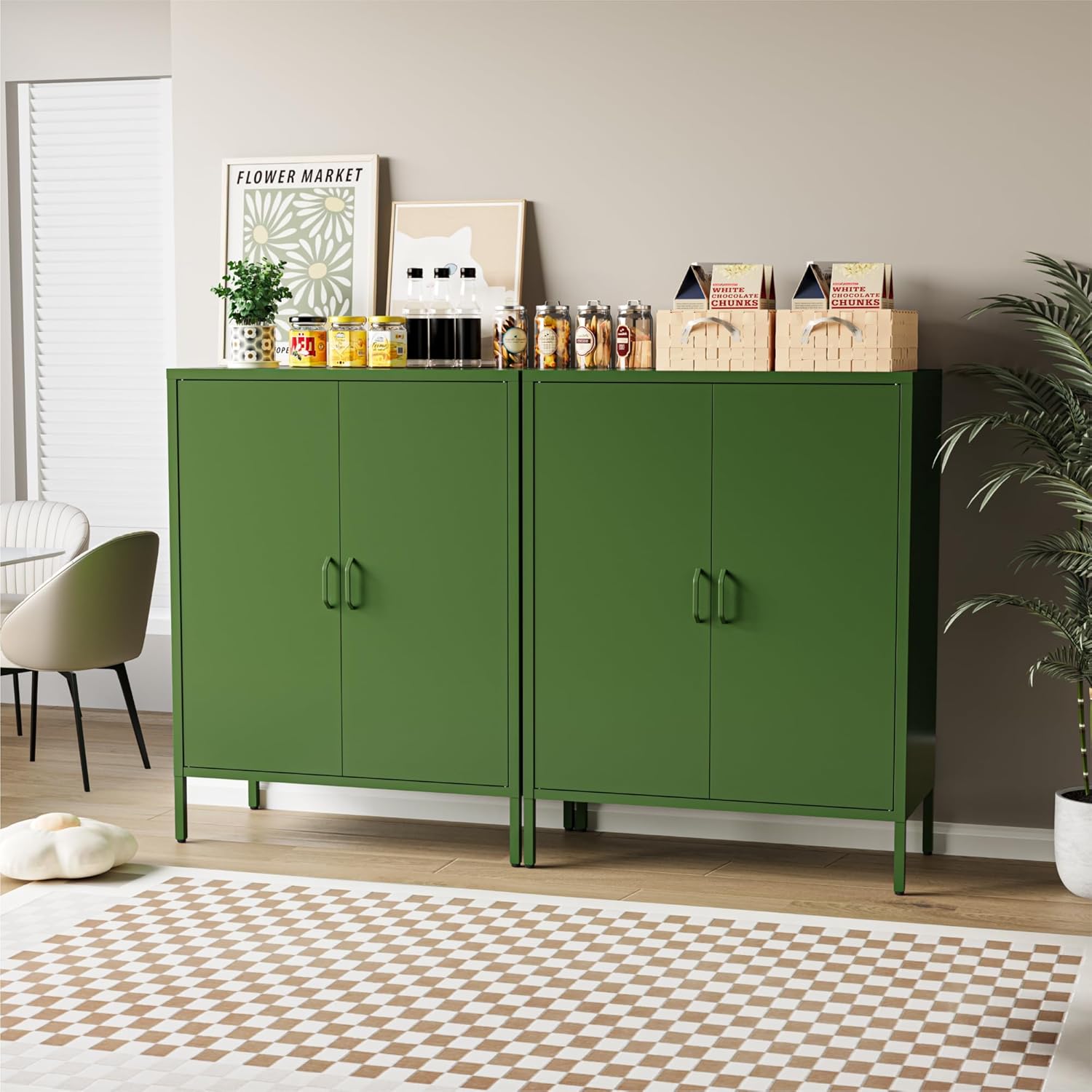 COFaR Forest Green Metal Cabinet, 40” Kitchen Pantry & Coffee Bar Cabinet, 3-Tier Adjustable Shelf Organizer with Magnetic Doors, Rustic Modern Sideboard for Dining Room, Home Office