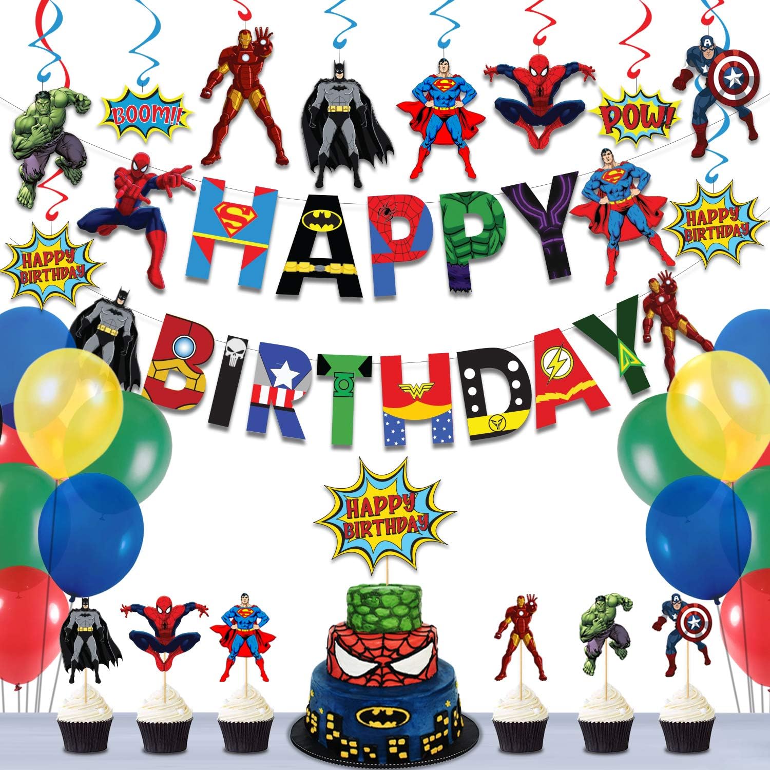 Festiko® Superhero Theme Happy Birthday Decoration Combo (38 Pcs) – Avengers Party Supplies for Kids – Balloons, Banner, Cake Topper & More – Boys Birthday Decoration Set