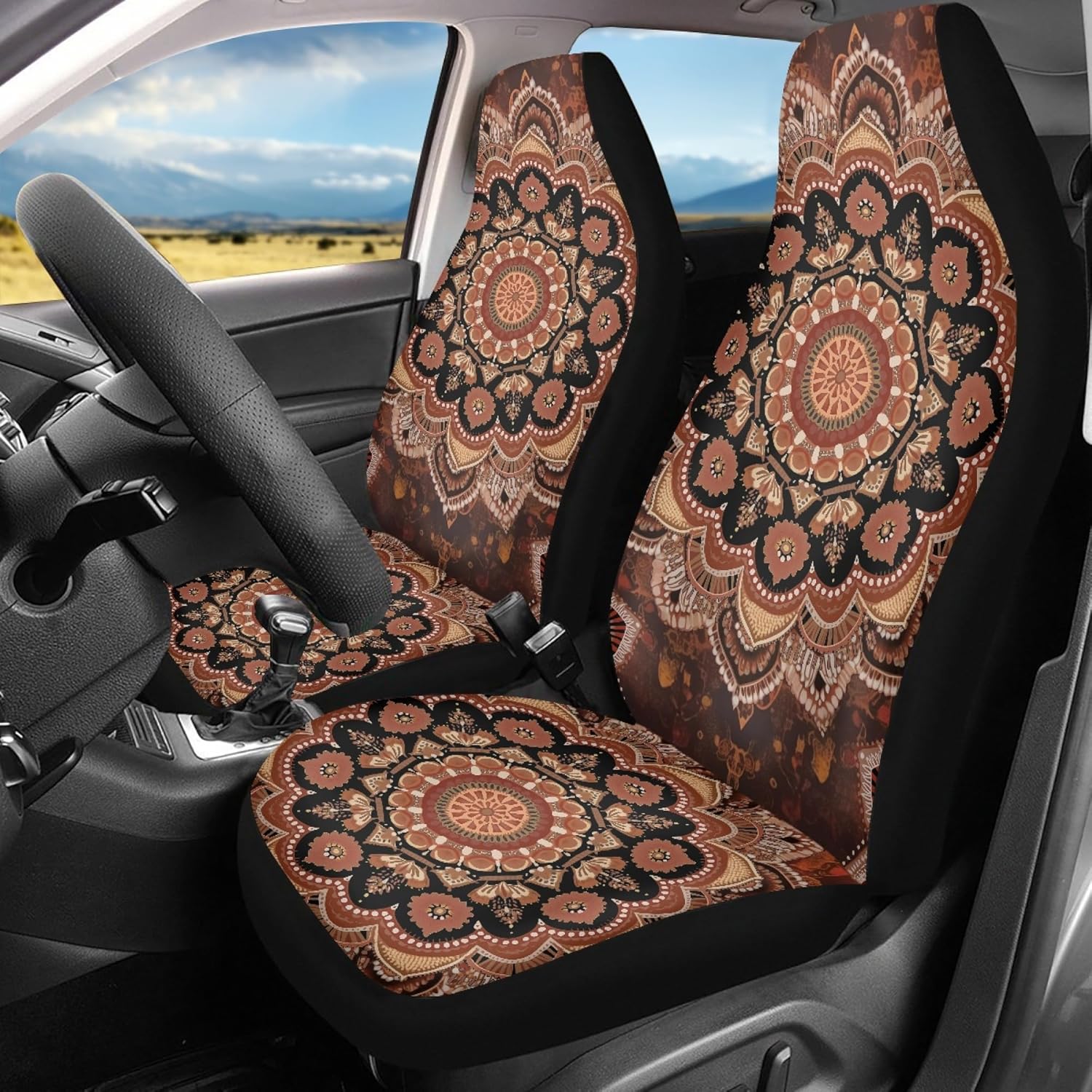 Boho Mandala Print Auto Car Seat Cover for Front Seats,Universal Fits Most Cars Trucks Vans SUVs,Mandala Car Interior Accessories for Women