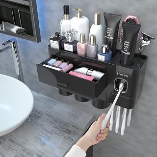 iHave Toothbrush Holders Wall Mounted with Toothpaste Dispenser & 3 Cups | All-in-One Bathroom Organizer: 3 Cups, 6 Slots, Toothpaste Dispenser, Large Tray & Drawer. Wall Mount, No Drilling Required