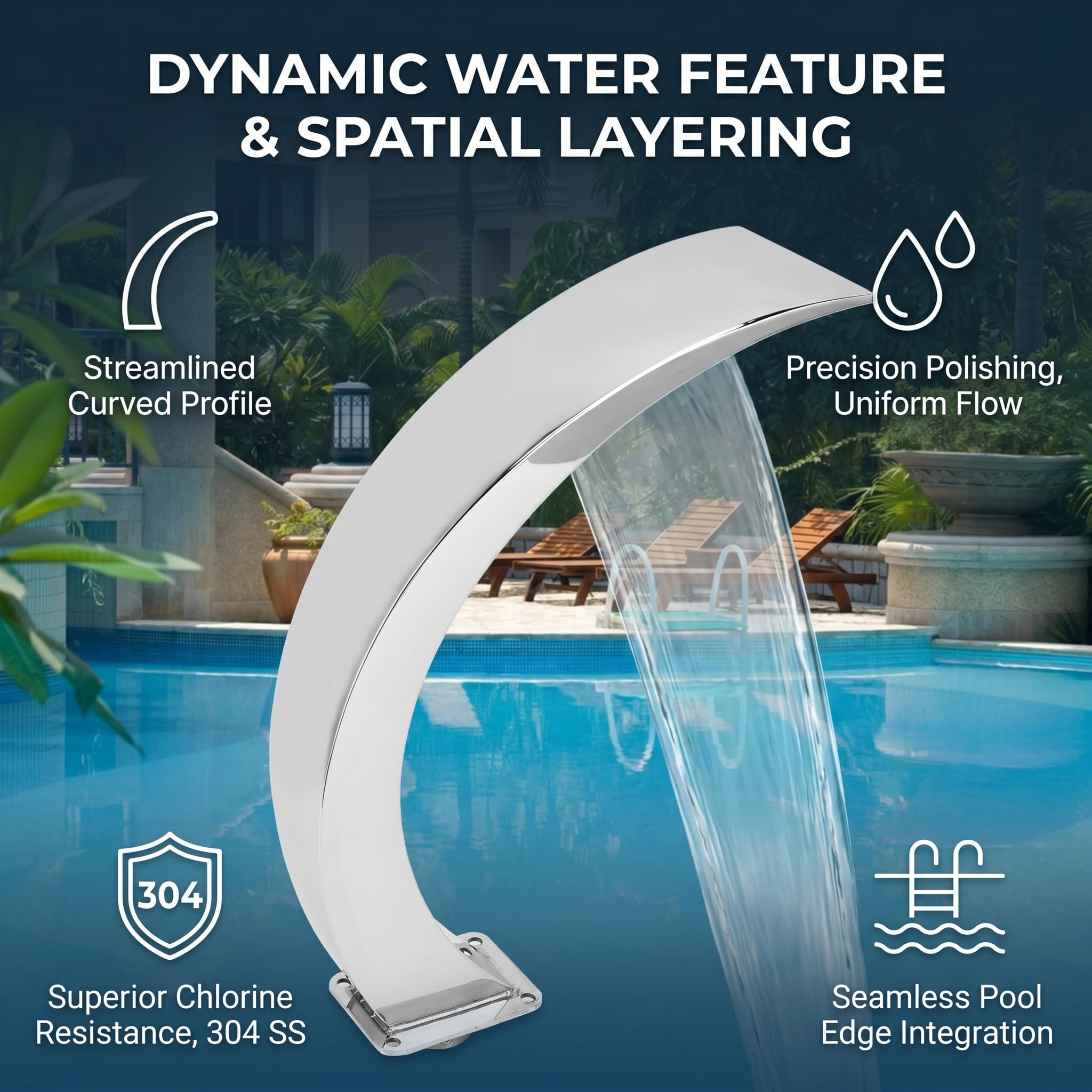 Wasserfallbrunnen für Pool, mit Innengewinde, G1 Edelstahl 304 abgerundetes und gebogenes Design, Außenpoolbrunnen für Spielplatz