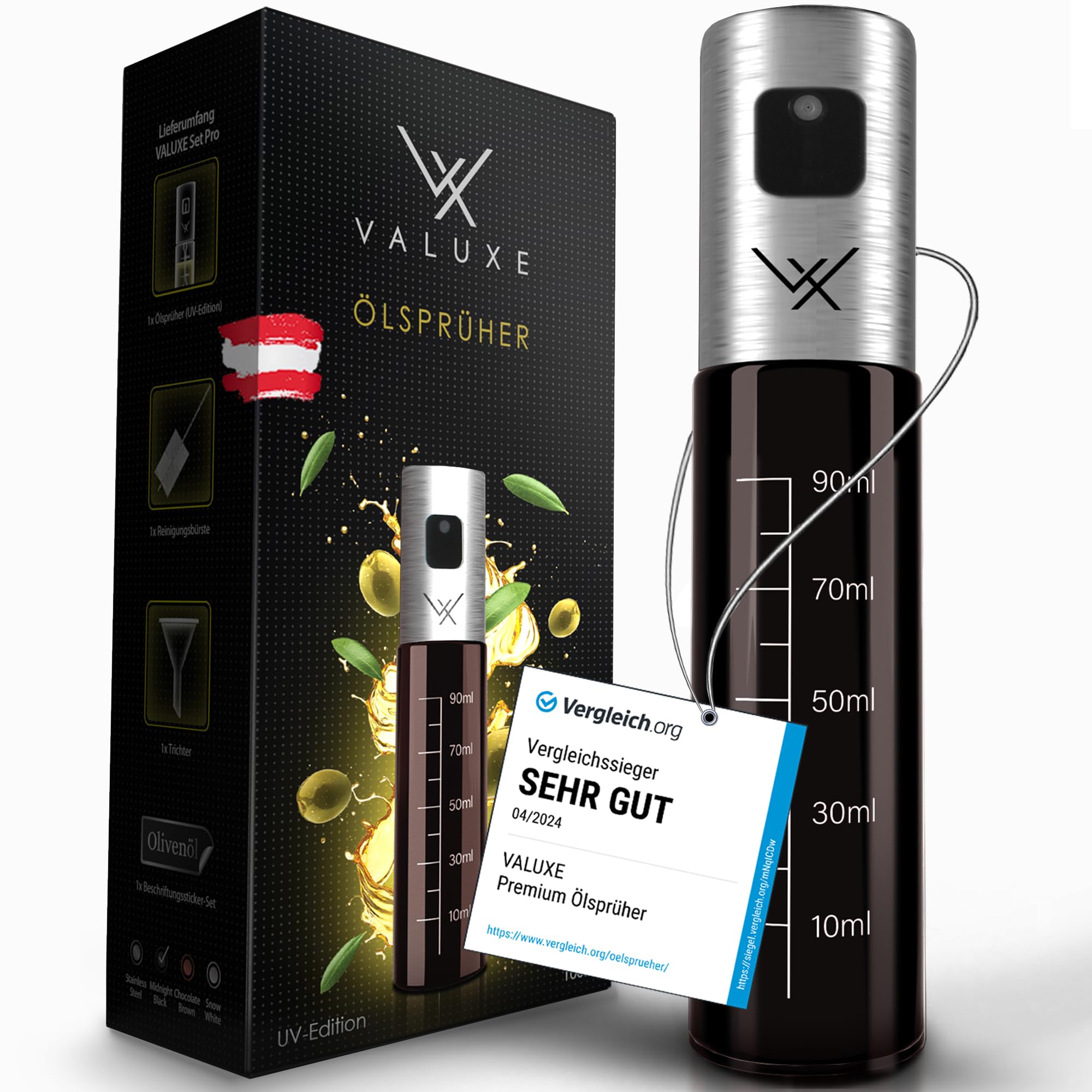 VALUXE® Ölsprüher für Speiseöl und Essig mit UV-Schutz Glas & Sprühfilter - Edelstahl Öl-Sprühflasche - Präziser Olivenöl Sprüher, Öl-Zerstäuber, Oil-Sprayer