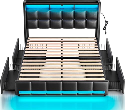 Miniatura 13 de Rolanstar Base de cama de tamaño individual con luces LED y estación de carga, cabecera y cajones tapizados, listones de madera resistentes, fácil