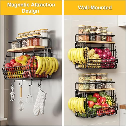 Miniatura 5 de Estante magnético para refrigerador con tapa de madera, organizadores de almacenamiento de cebollas y papas, cesta colgante de pared con 4 ganchos,