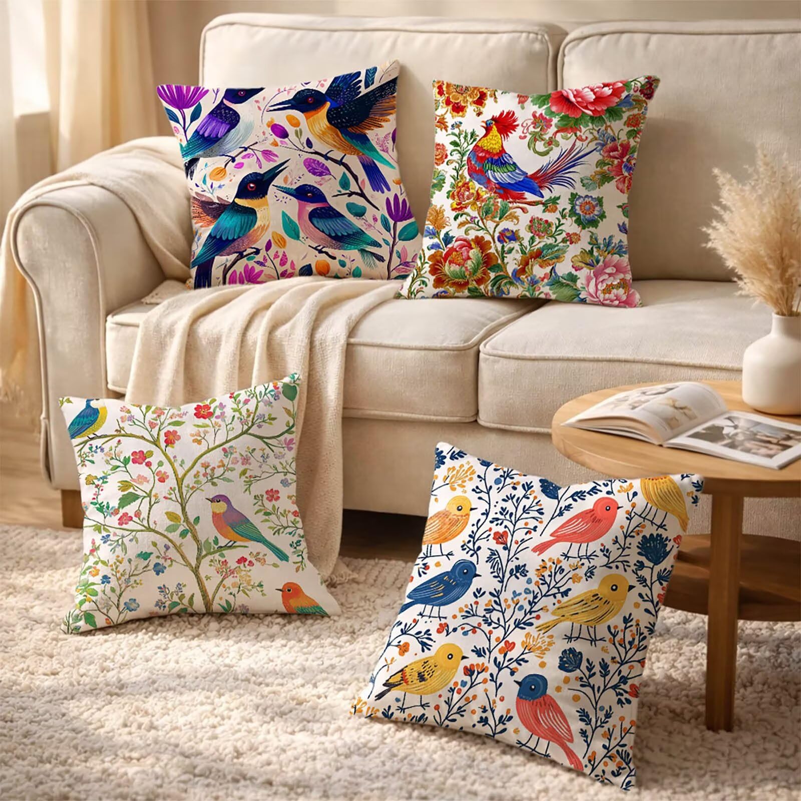 Kissenbezug 55 x 55 4 Pack, Outdoor Sofakissen Bezug Vogel Deko Kissenbezug 55x55cm, Doppelseitiger Druck Quadrat Kopfkissenbezug Blume für Schlafzimmer Deko Wohnzimmer Geschenke für Frauen Model08574