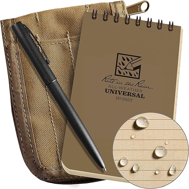 Rite in the Rain Weatherproof 3" x 5" Top-Spiral Notebook Kit: Tan CORDURA Fabric Cover, 3" x 5" Tan Notebook, and an Weatherproof Pen (No. 935T-KIT)