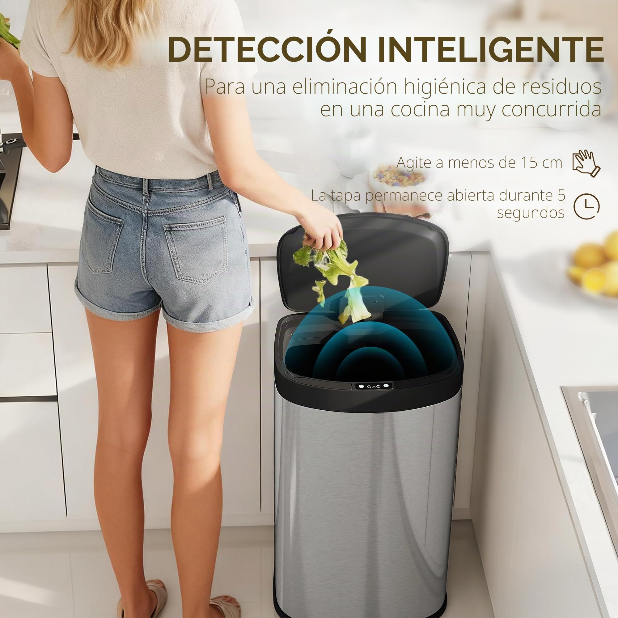 HOMCOM 55L Cubo con sensor, papelera de cocina sin contacto, Plata | Tapa de cierre suave, sensor de movimiento, acero inoxidable resistente a huellas, higiénico para gimnasio, hogar y oficina
