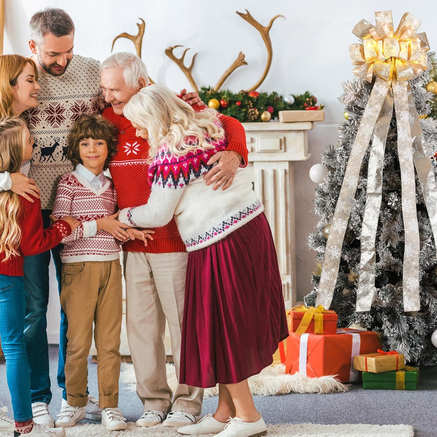 Zeyune Christmas Tree Topper 12 x 45 Inches Large Christmas Bows LED Lights Glitter Satin Mesh Streamer Snowflake Ribbon Decorative Bows for Xmas Tree Decorations Gifts(Champagne) - Image 6