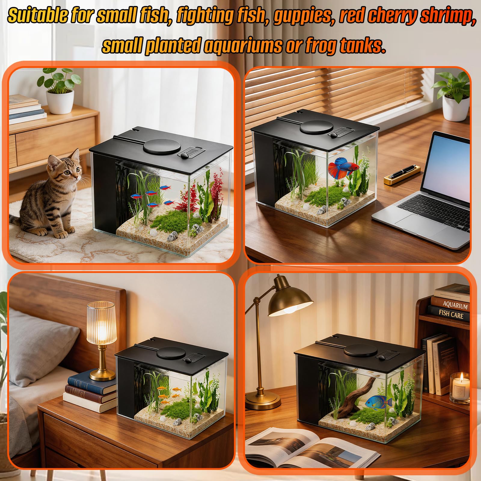 Mini acuario acrílico de 3,7 l con bomba de filtro, iluminación LED, pequeño acuario Betta, juego completo para peces pequeños, gambas y plantas (negro)