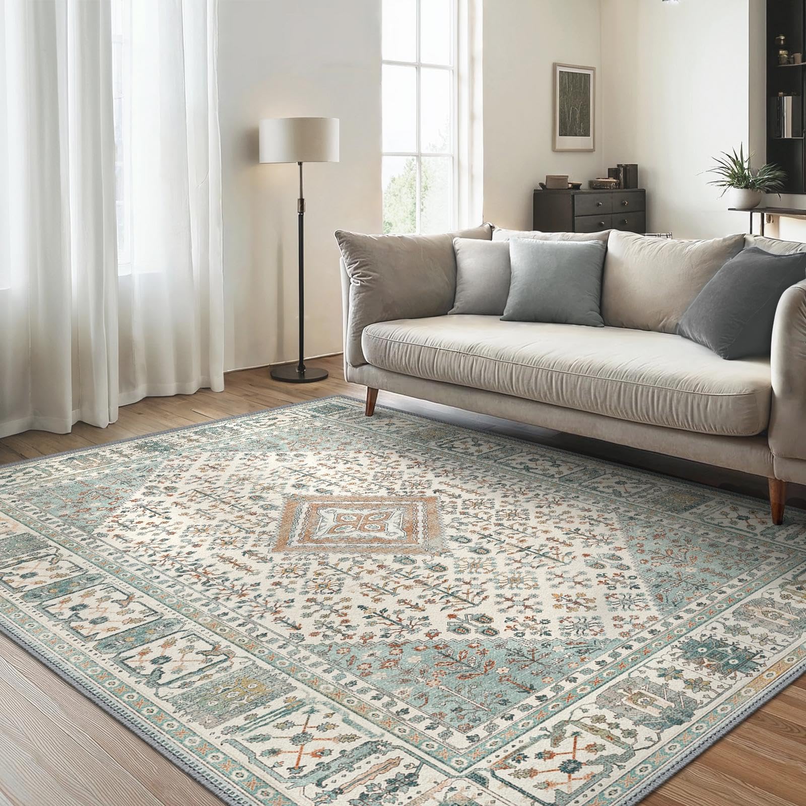 GENIMO Orientalischer Vintage Teppich, Waschbar, Salbeigrün, 160x230 cm | Orientalisches Medaillon mit weichem Kurzflor und rutschfester Rückseite für Wohnzimmer, Schlafzimmer oder Essbereich.