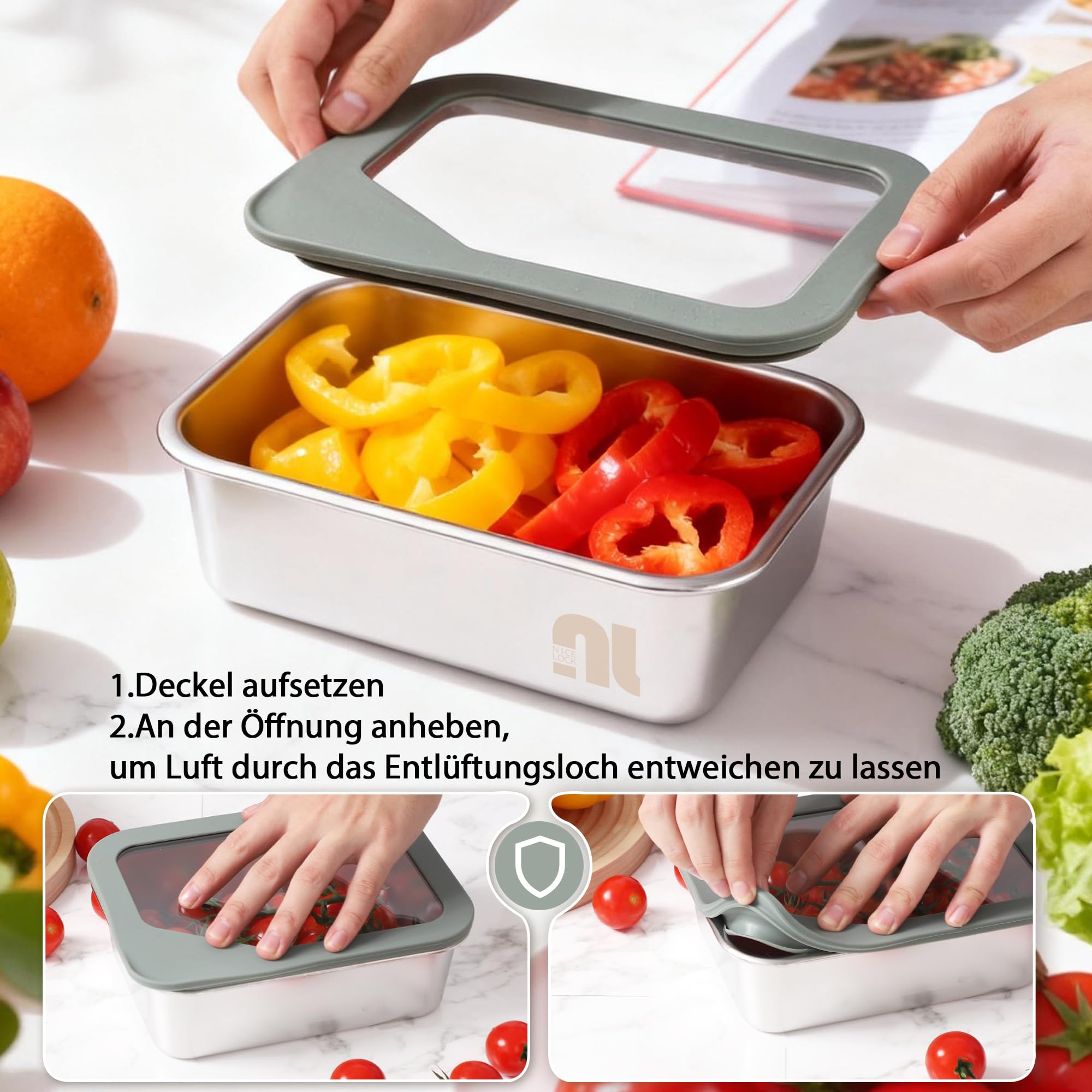 nicelock Juego de 3 recipientes de almacenamiento con tapa de cristal, fiambrera, herméticos, aptos para lavavajillas y microondas