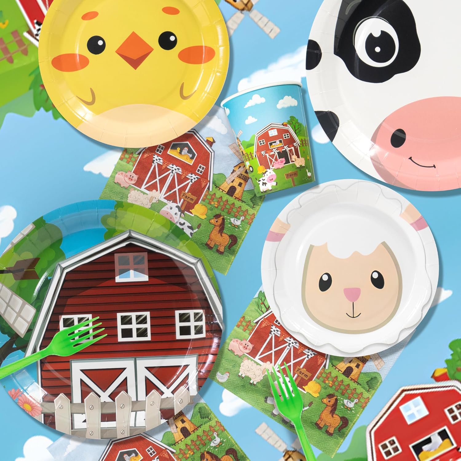 Farm Animals Birthday Decorations,161pcs Party Decorations Include Tablecloth,Plate and Napkin,Cup,Fork,Banner,Balloon,Cake Topper,Hanging Swirls, Farm Animals Themed Party Decorations Serve 24