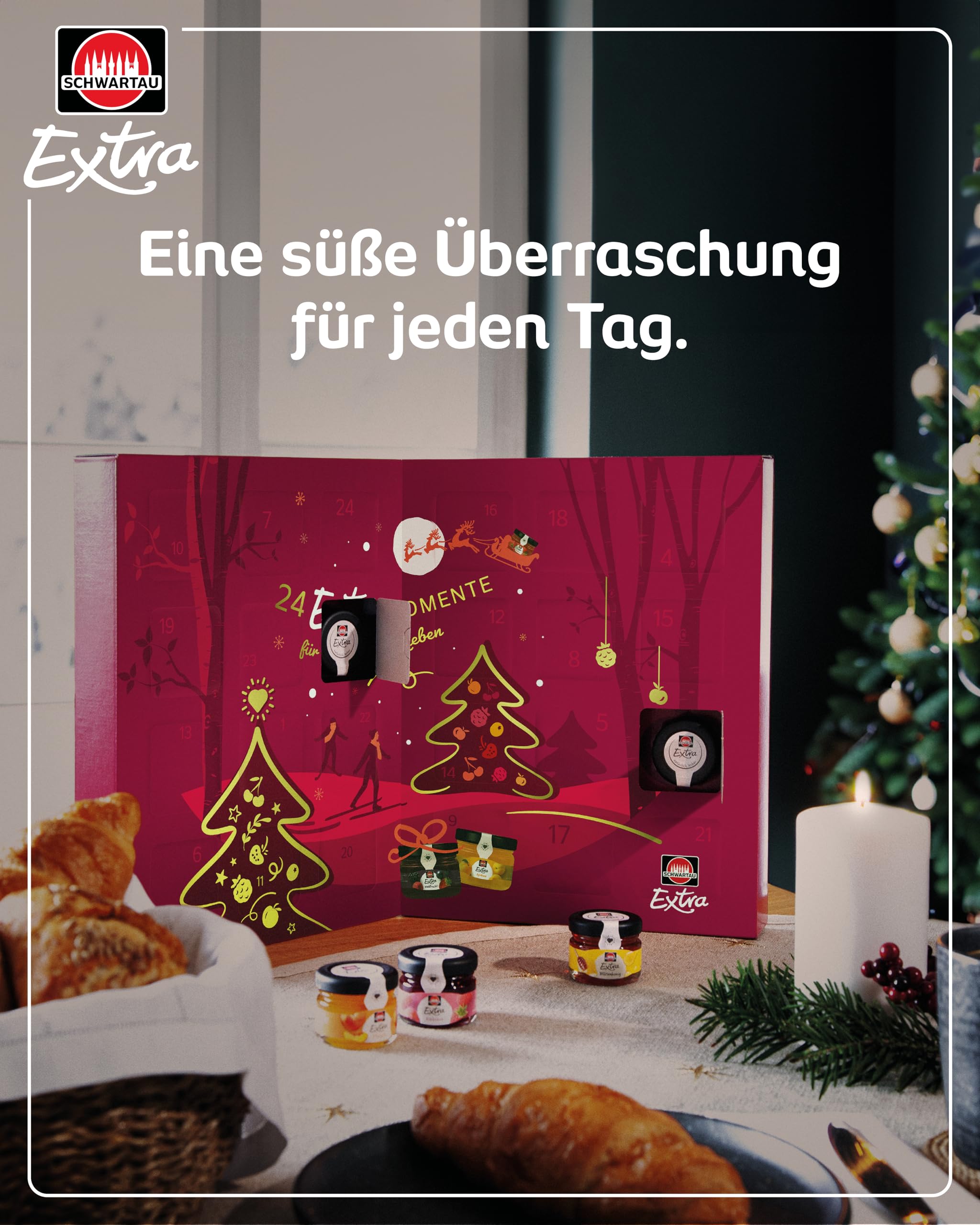 Schwartau Adventskalender 2025, Weihnachtskalender Geschenk mit Mini Marmelade, Konfitüre, Gelee und Honig, 24 Fruchtaufstrich & Honig Portionsgläser, Probierset zu Weihnachten, Advent und Feiertage