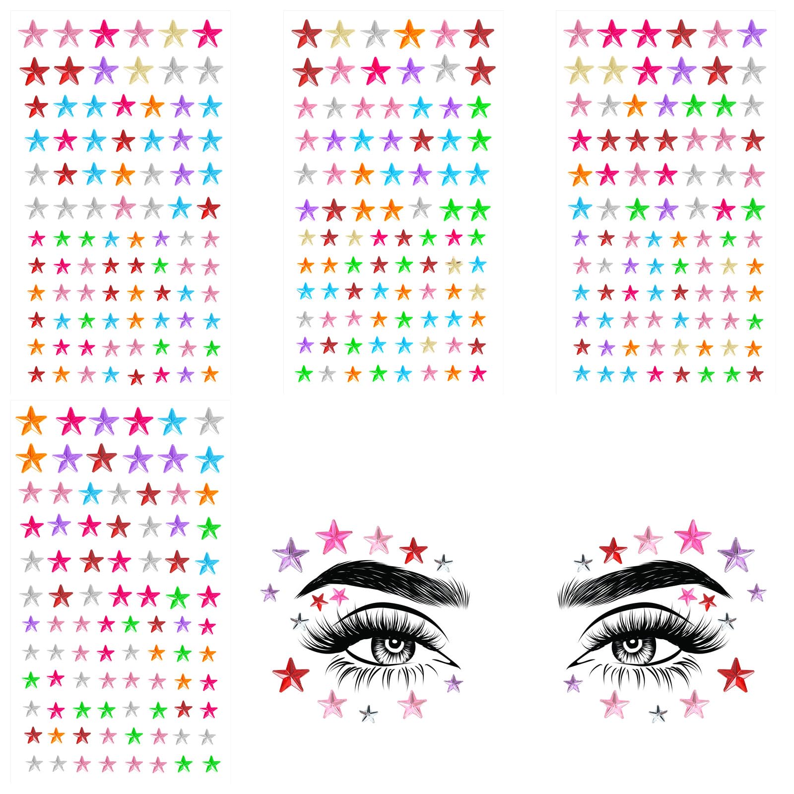 Star Hair Face Gem Stickers, 4 Sheets Colorful Face Eye Rhinestones Makeup Stickers Women Self Adhesive Jewels for Face Body Crafts Parties Festival Decal Decor